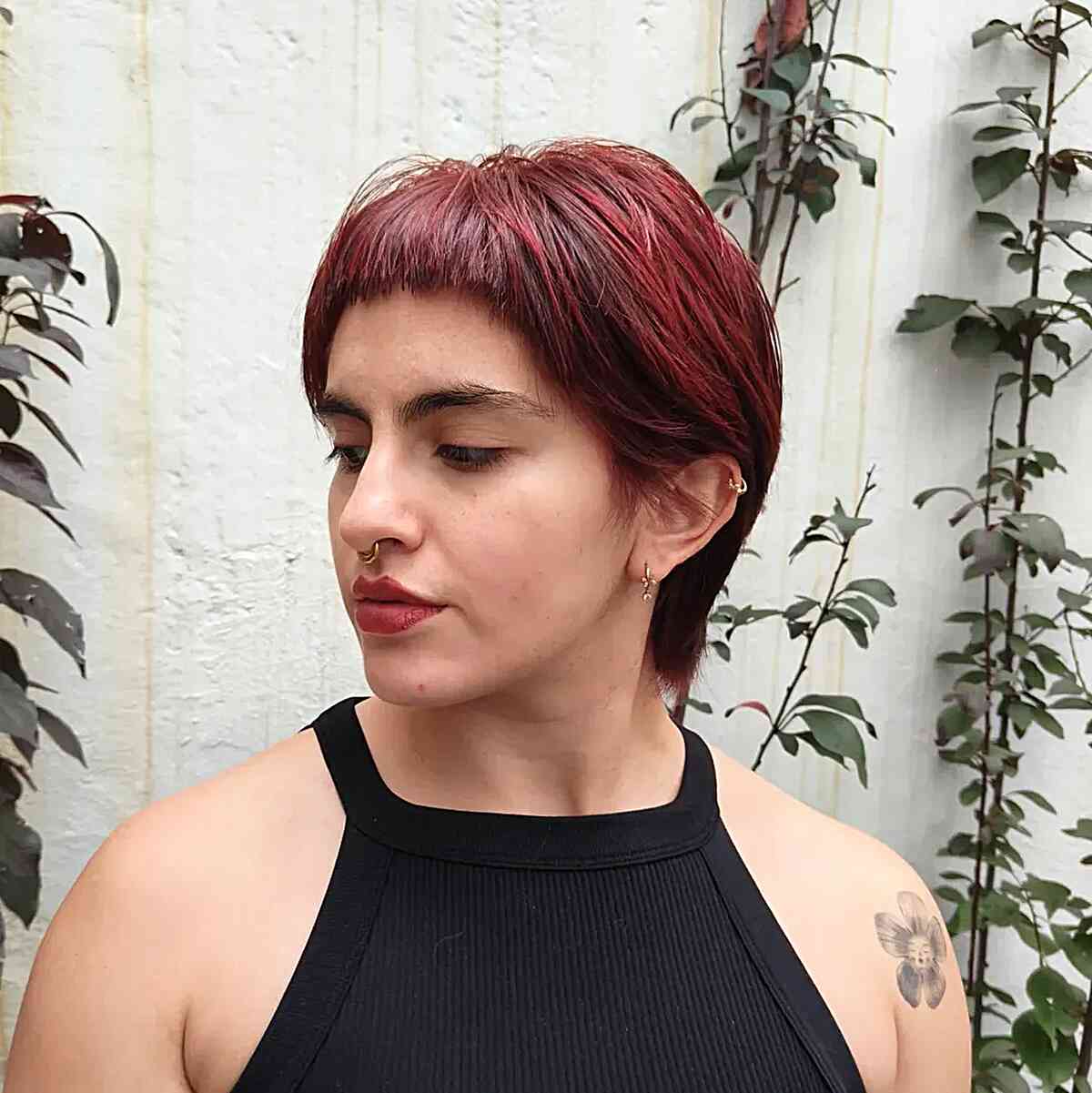 Edgy Red Pixie Cut with Textured Fringe