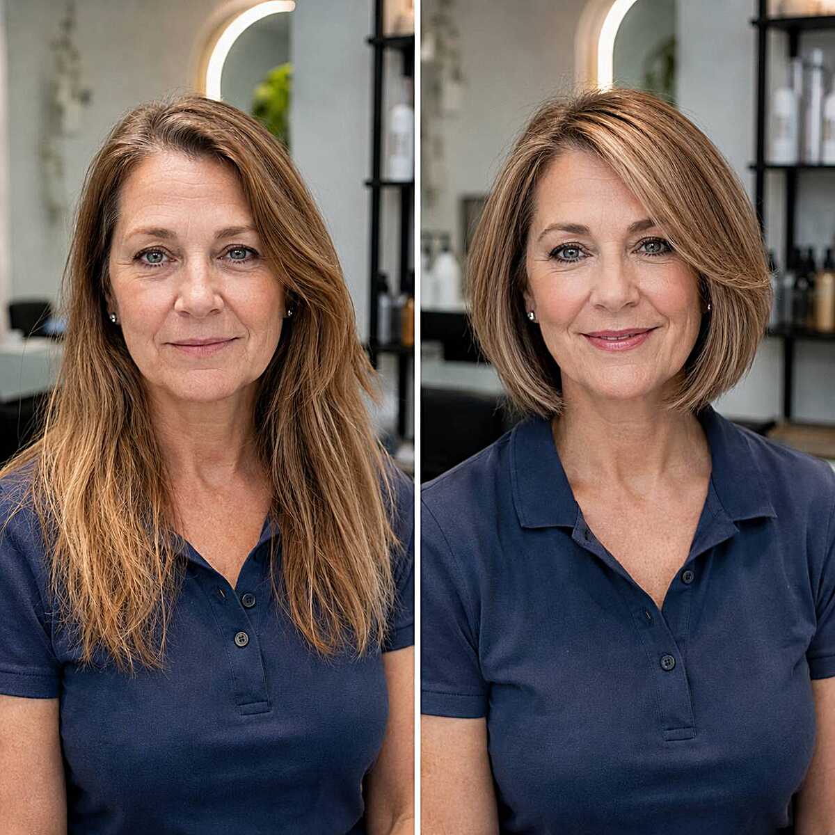 Before and after long to chin-length bob transformation
