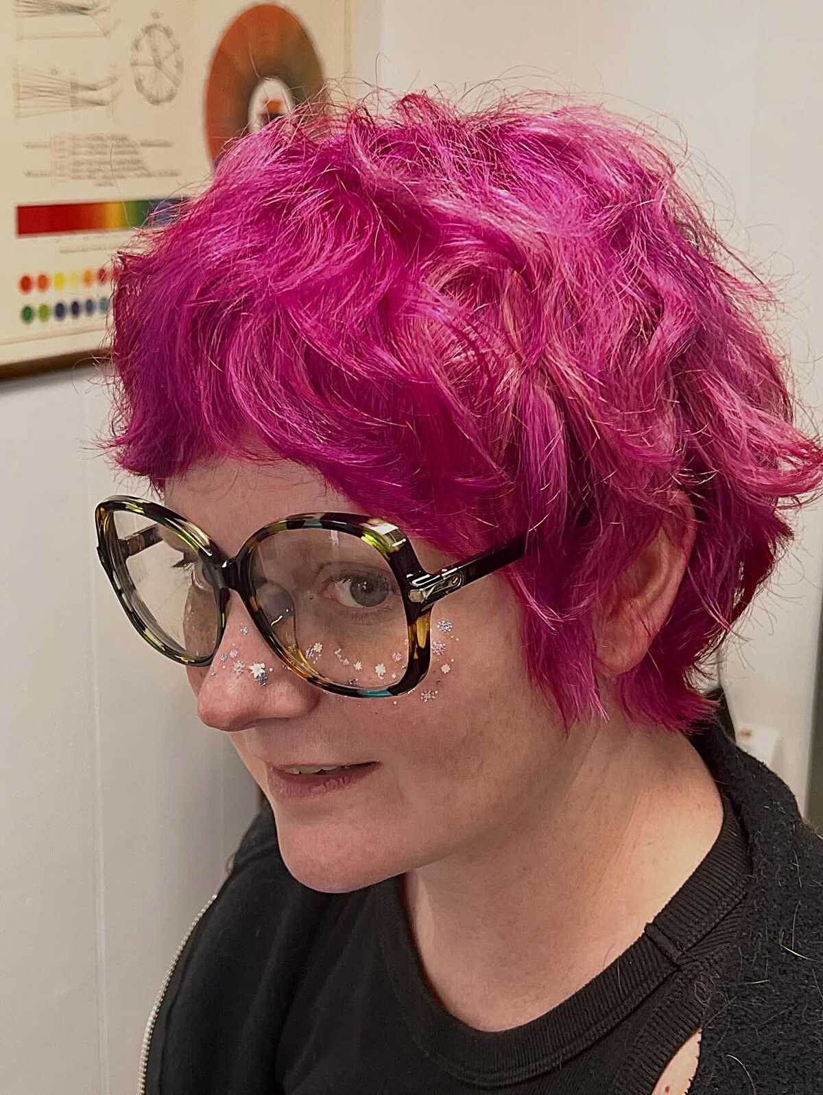 Hot pink wavy pixie shag with thick textured layers