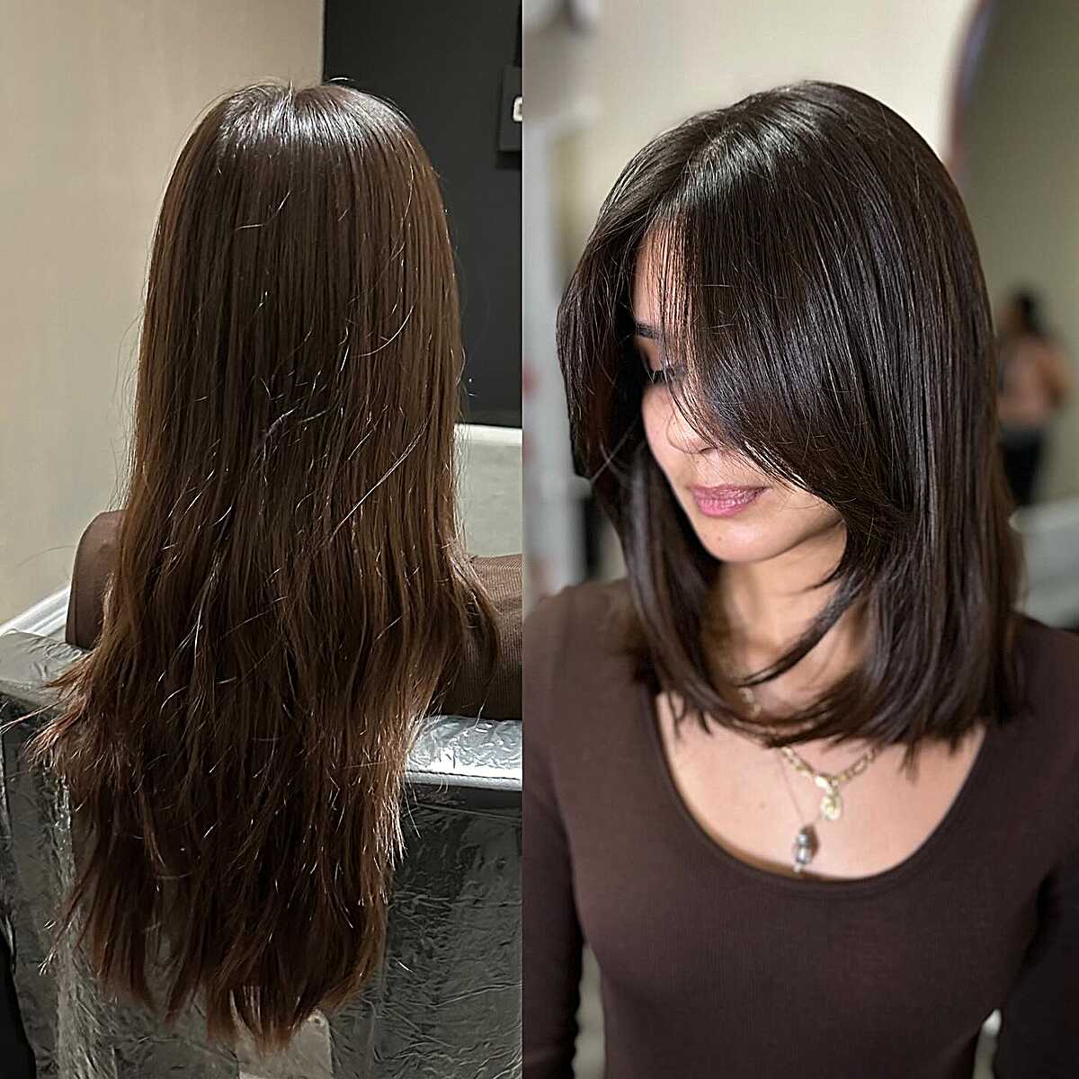 Before and after big chop to dark layered medium cut