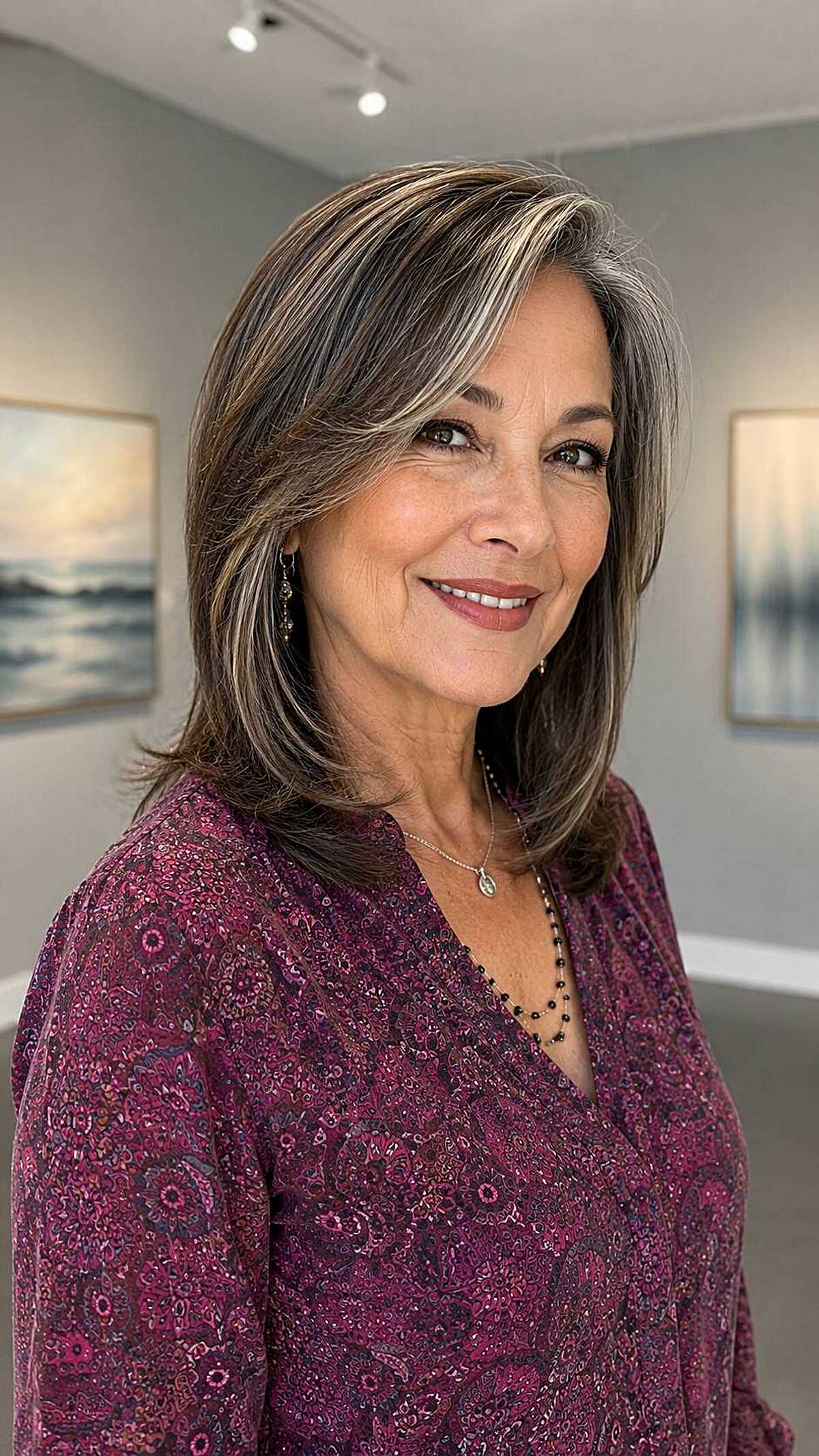 Collarbone-length brunette lob with blonde highlights