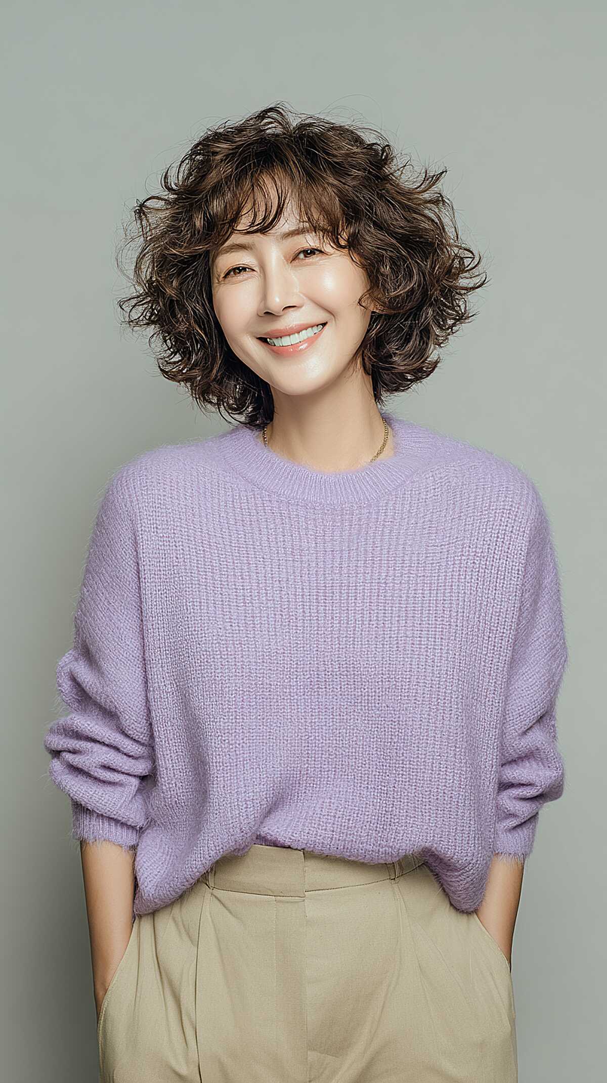 Chin-length brunette curly shag with full volume