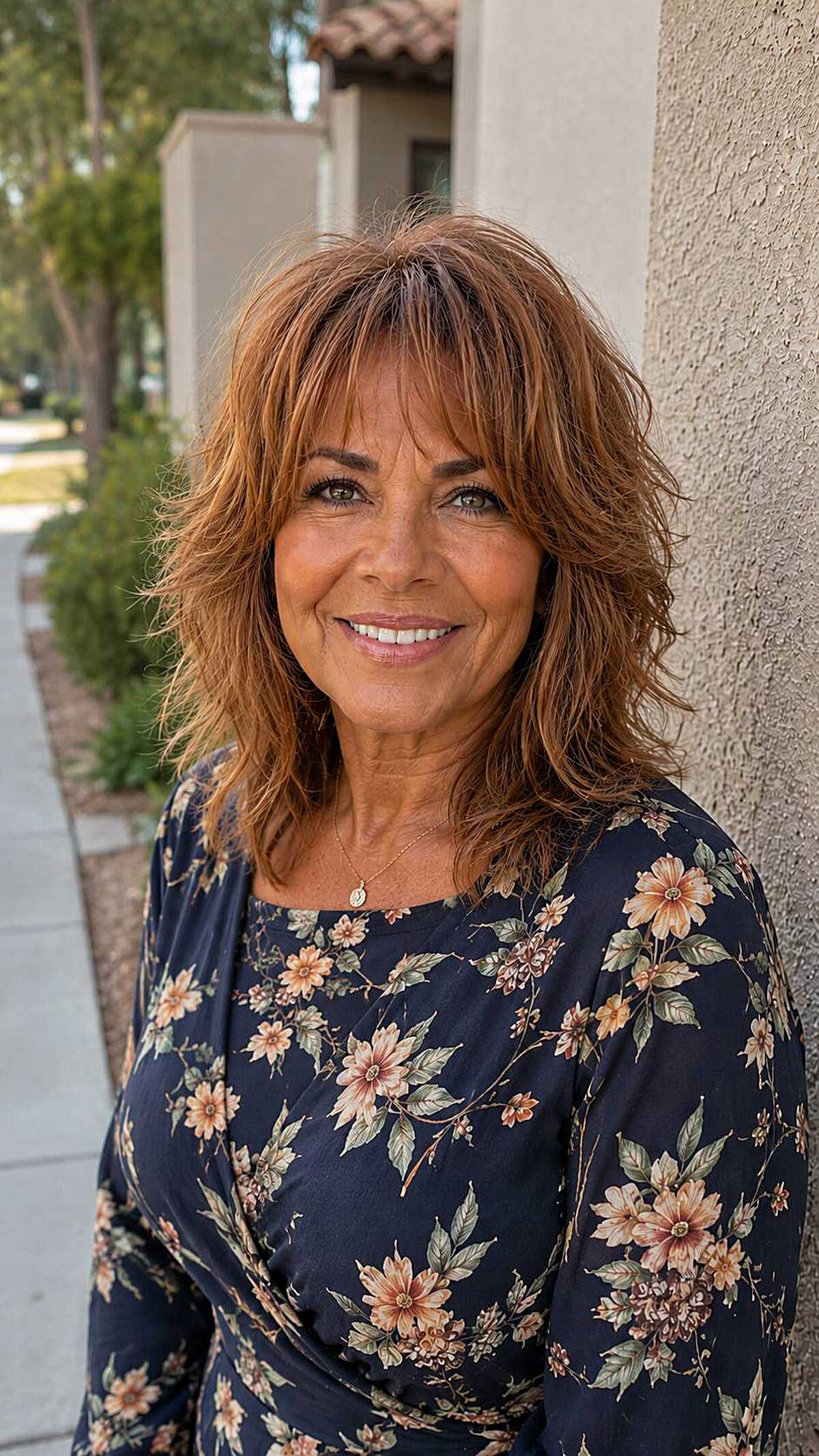 Medium-length copper auburn shag with textured layers