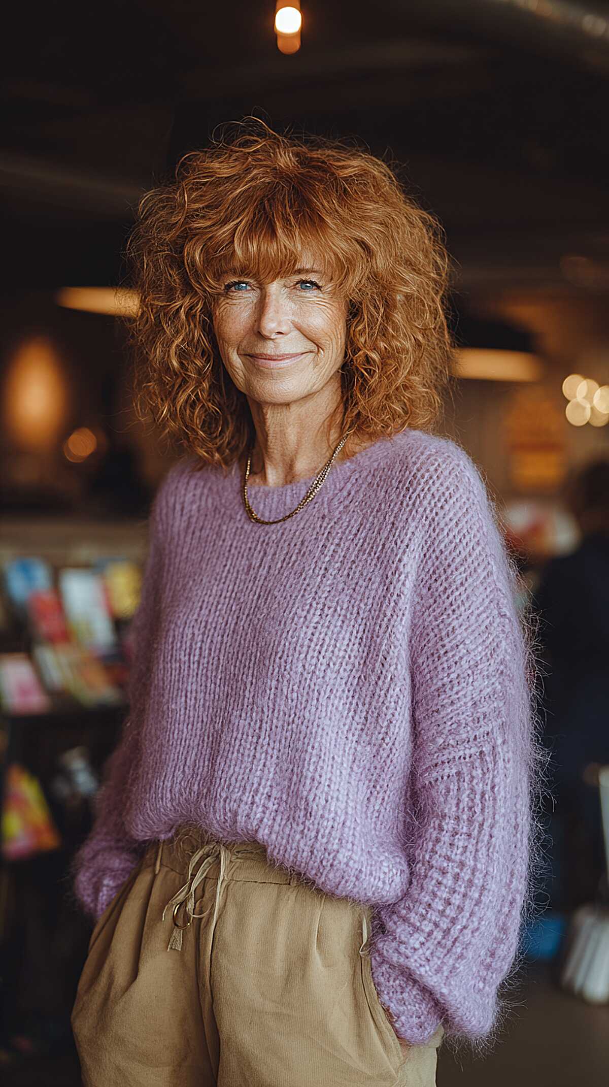 Copper red shoulder-length curly shag with loose curls