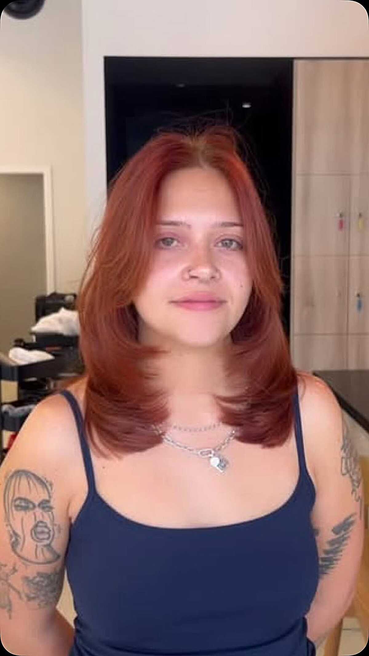 Copper red medium layered cut with flipped out ends