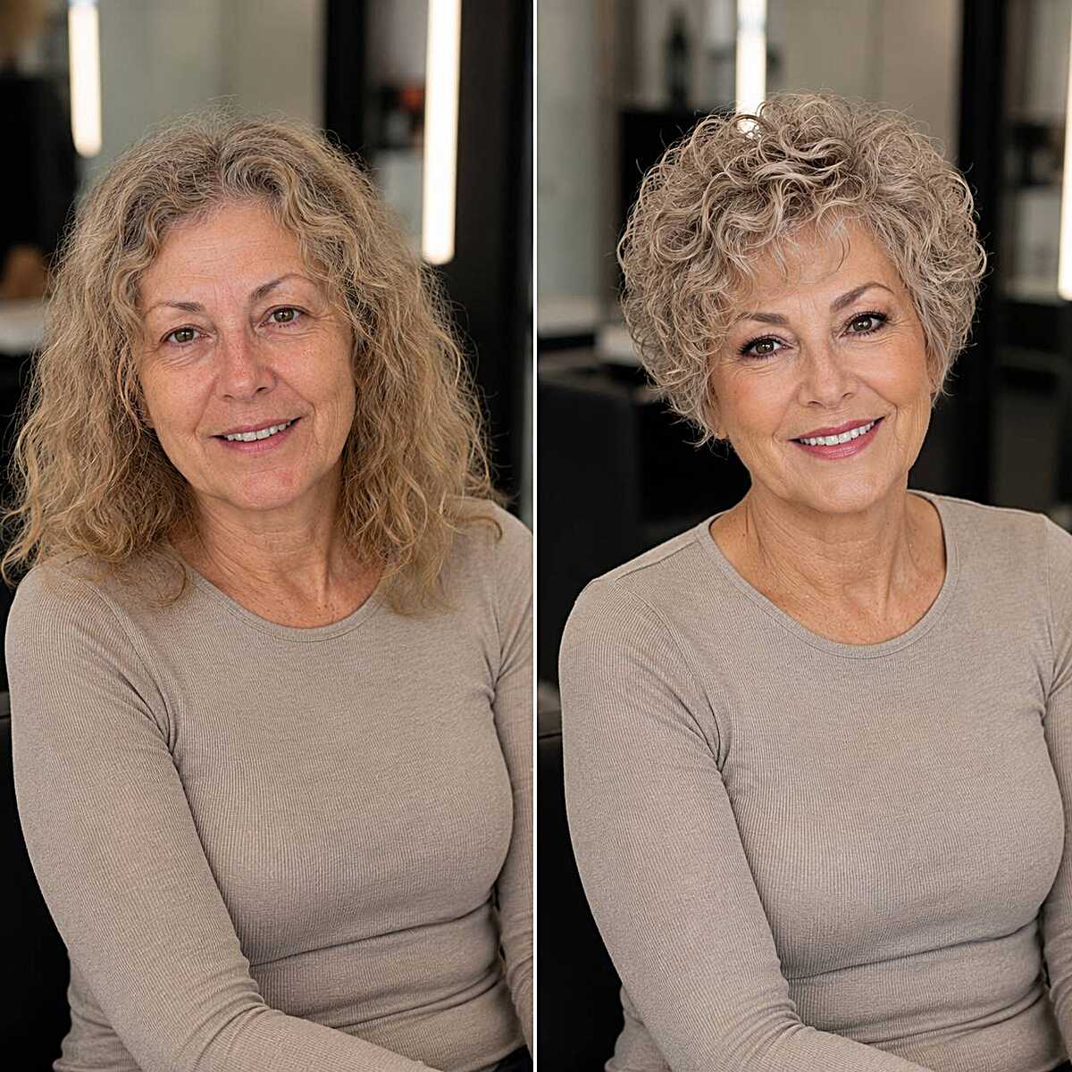 Before and after curly hair cut from long to short crop