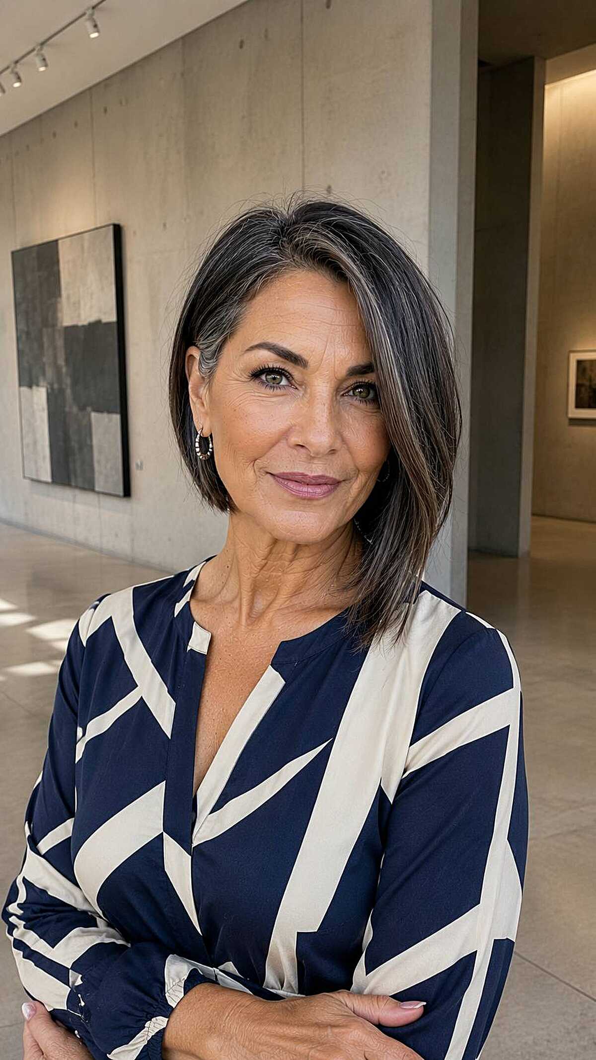 Dark lob with gray streaks and deep side part