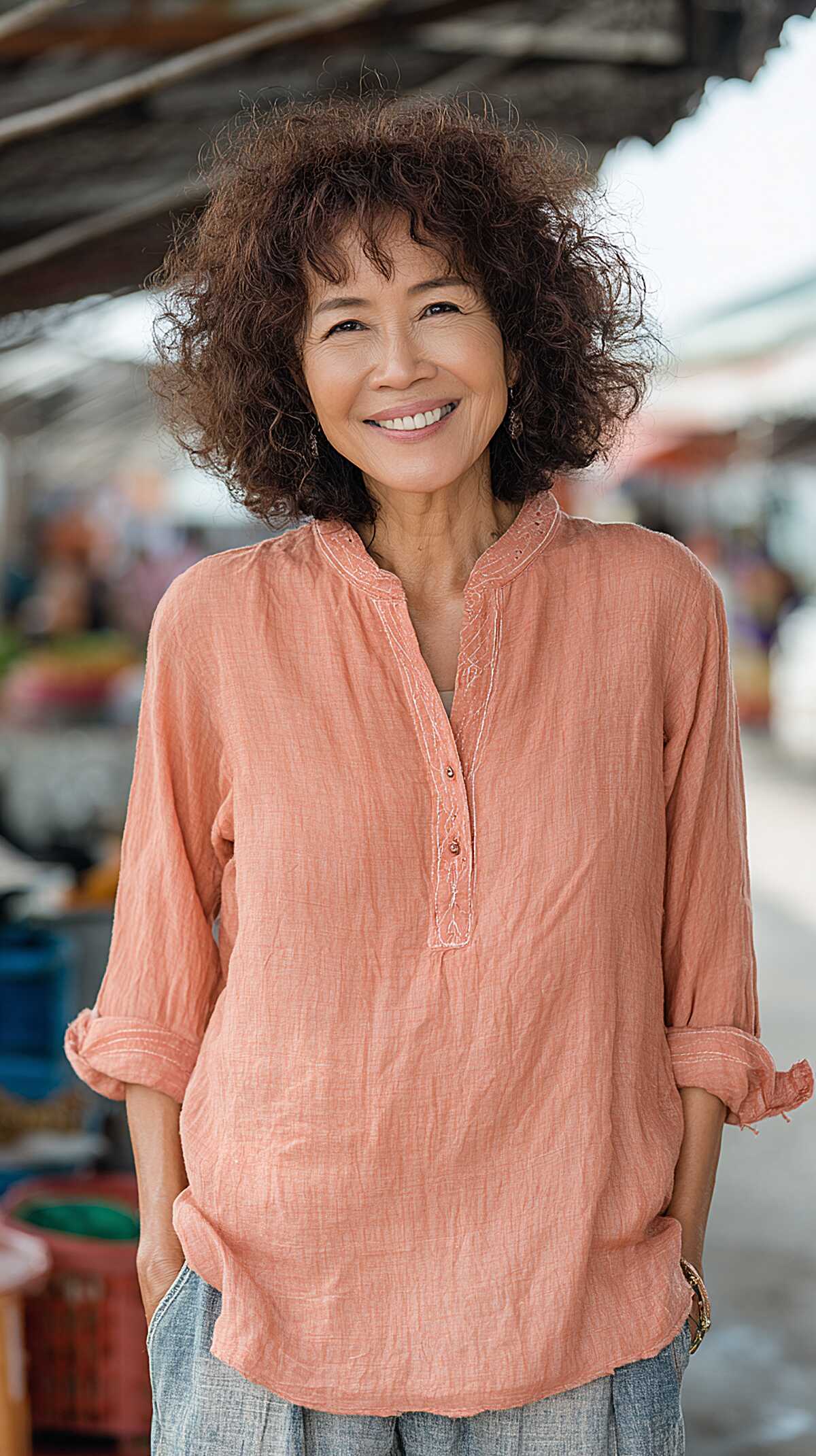 Brown chin-length curly shag with natural center part