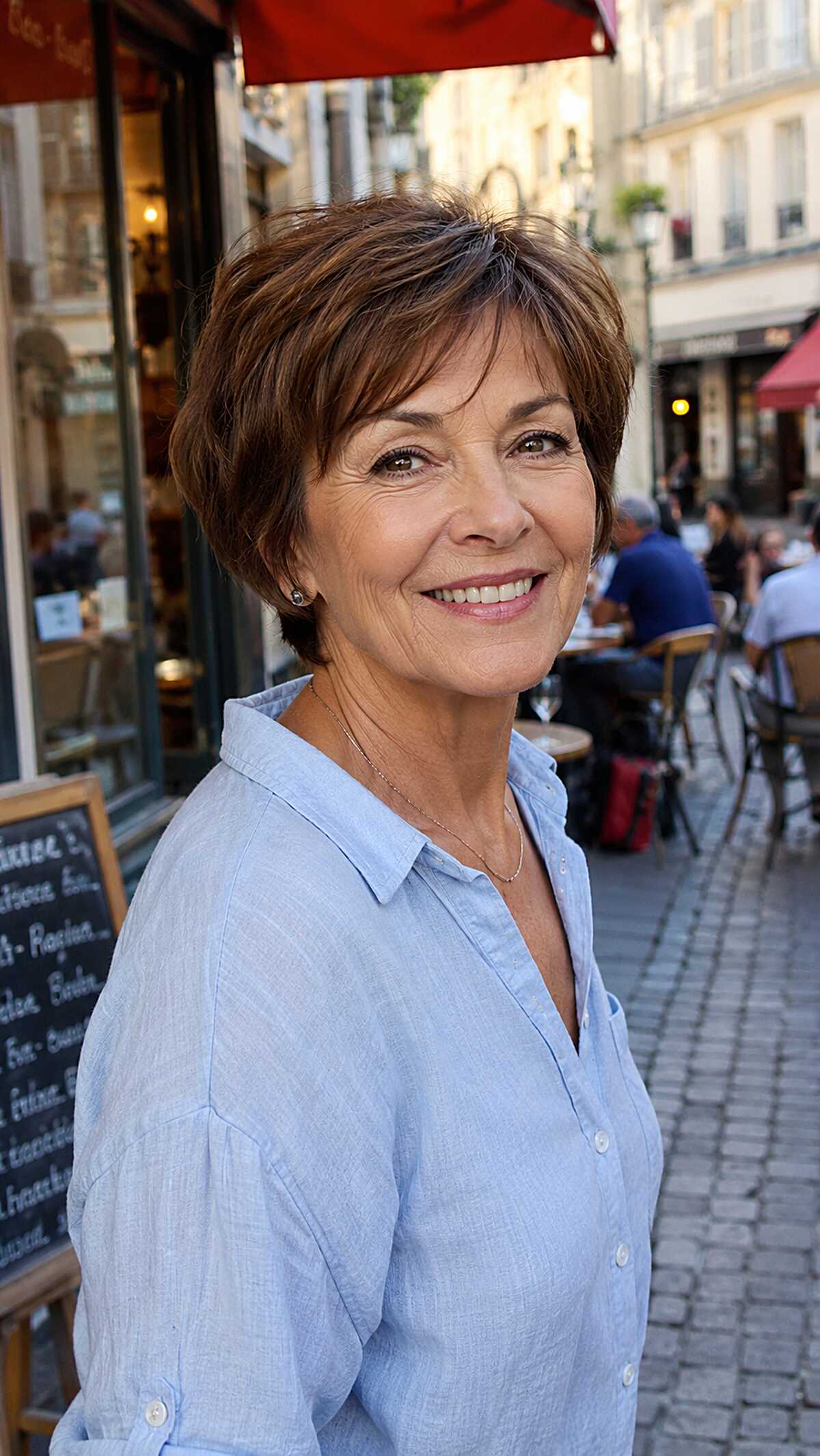 Feathered chestnut brown short crop with tapered nape