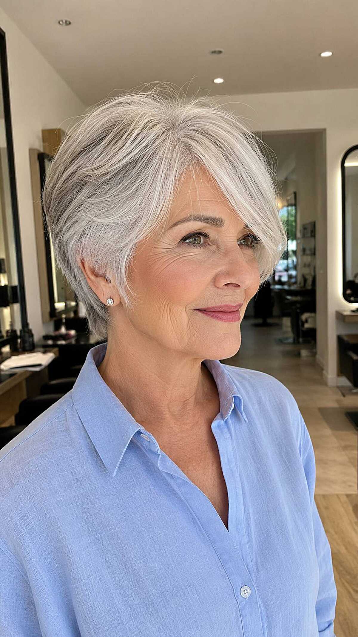Silver pixie with long feathered fringe and tapered back
