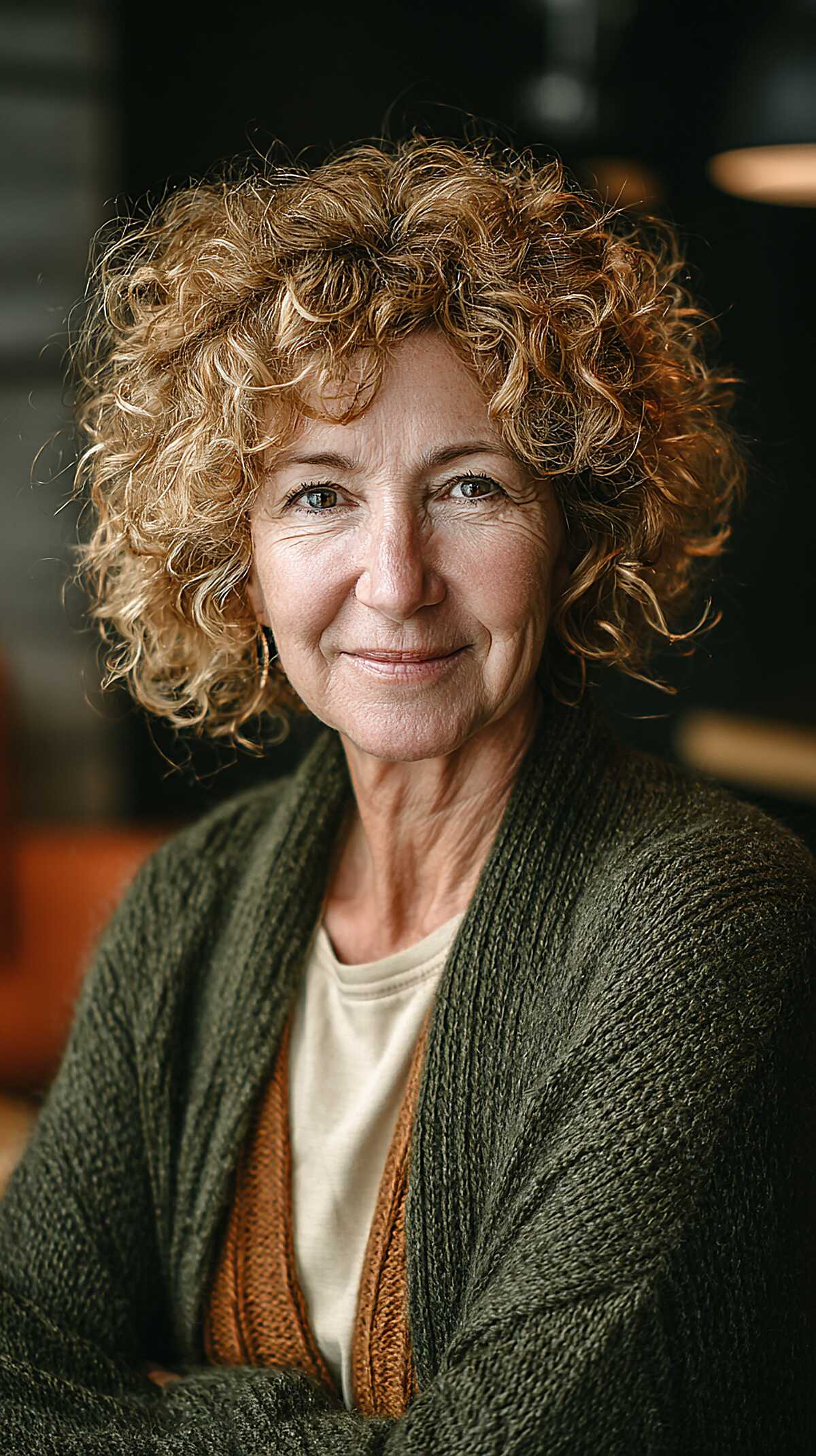 Golden blonde curly shag with warm multi-tonal color