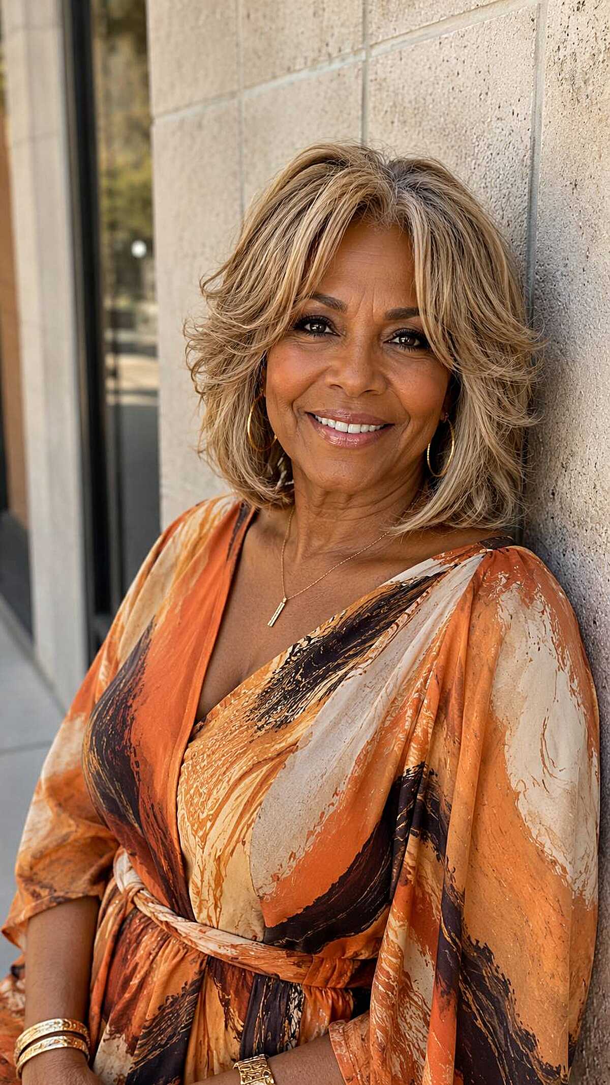 Shoulder-length feathered layers in honey blonde