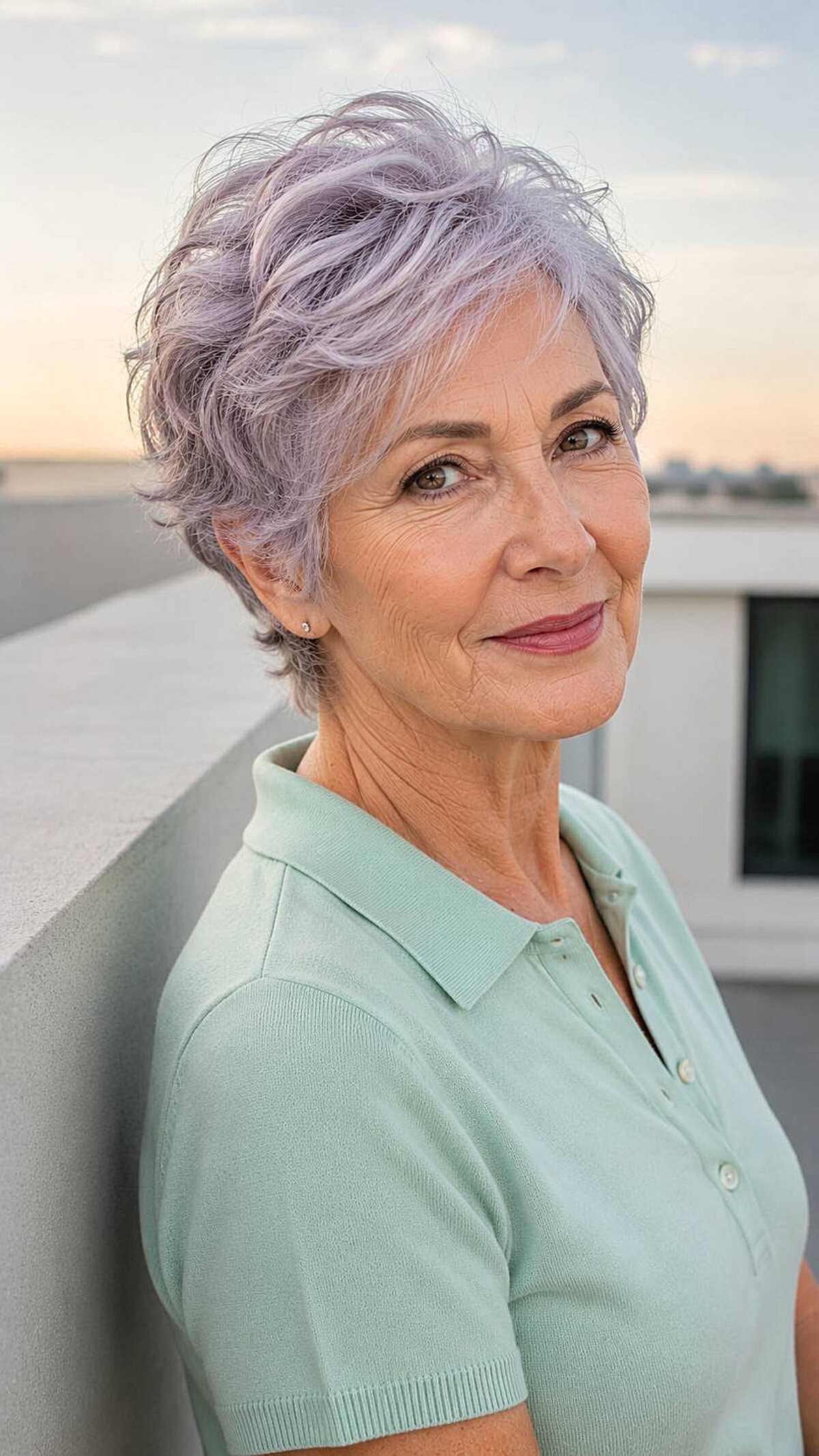 Short wavy pixie in soft lavender gray tones