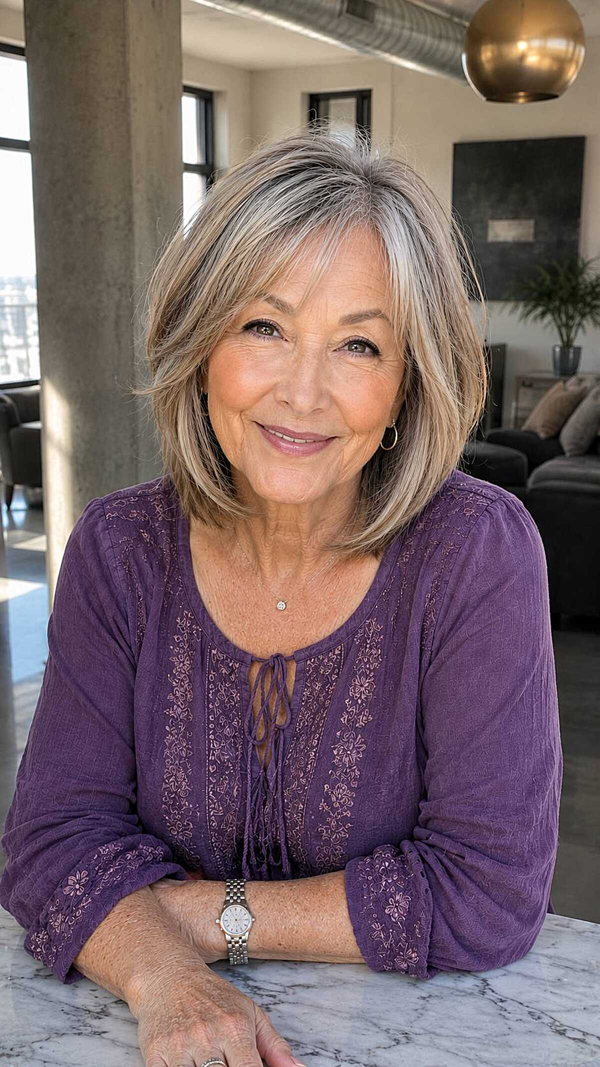 Layered chin-length gray bob with curtain bangs