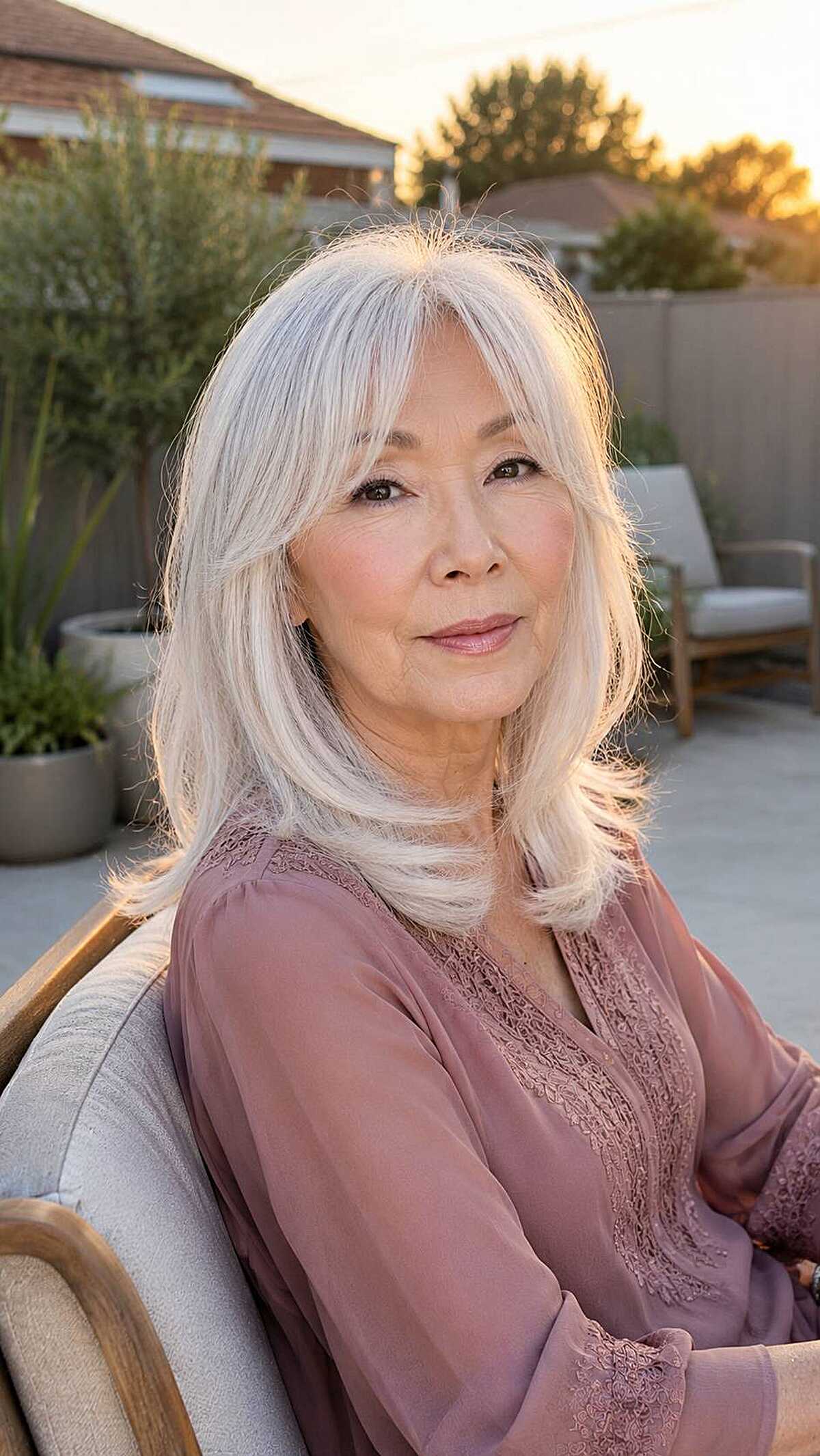 Long silver white hair with layers and curtain fringe