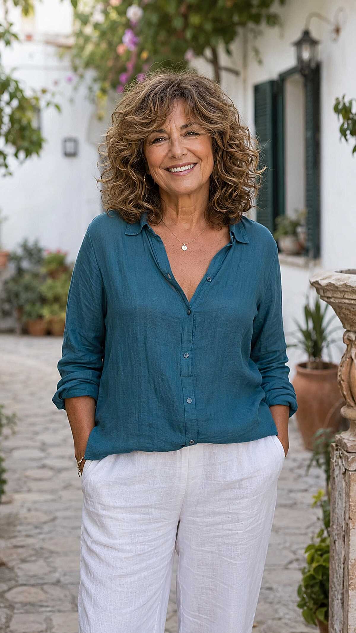 Shoulder-length curly shag with warm brown highlights