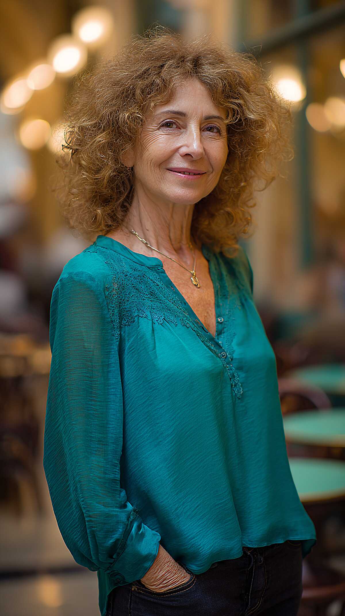 Shoulder-length blonde curly shag with loose texture