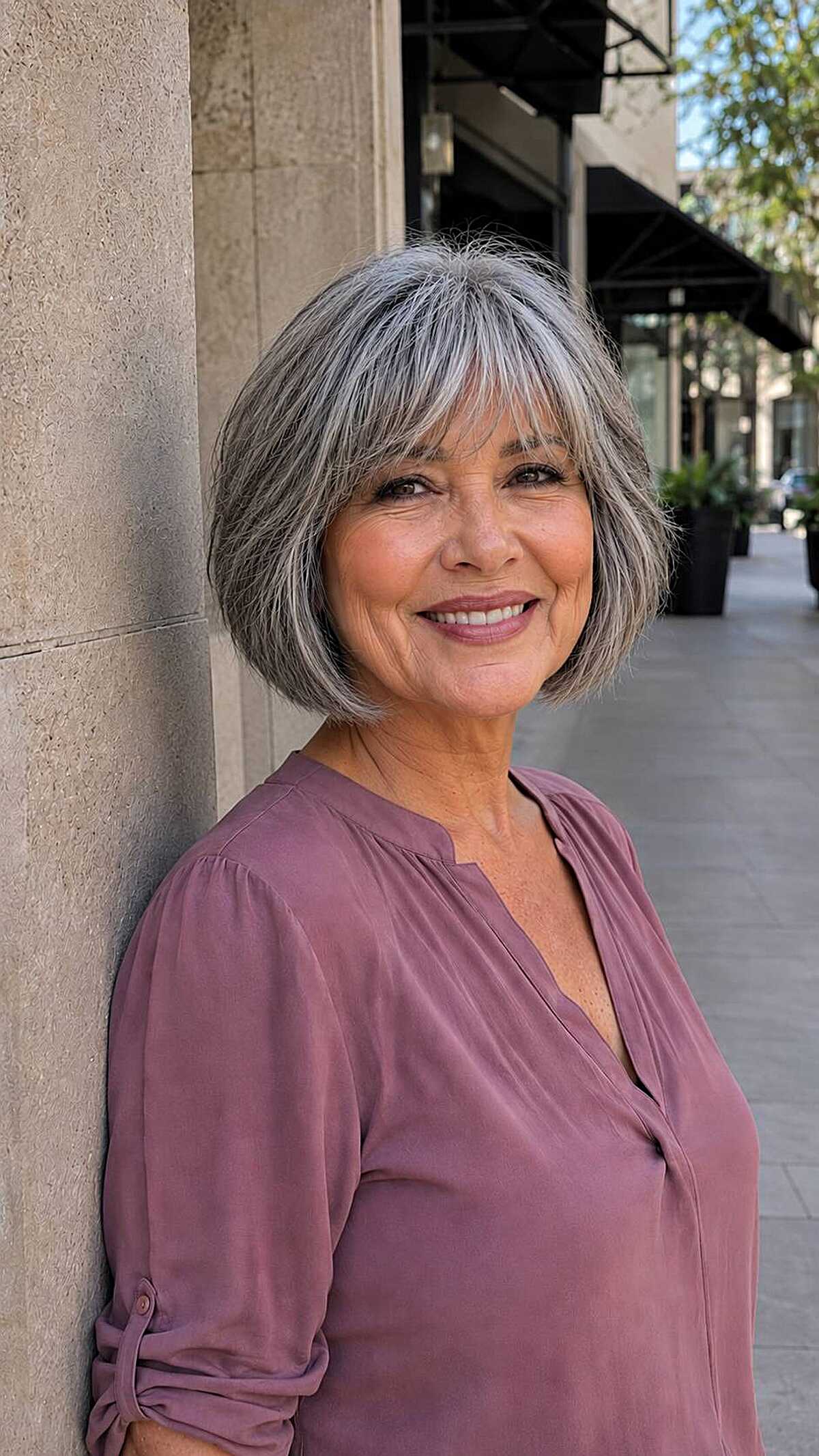 Salt and pepper chin-length bob with soft wispy fringe