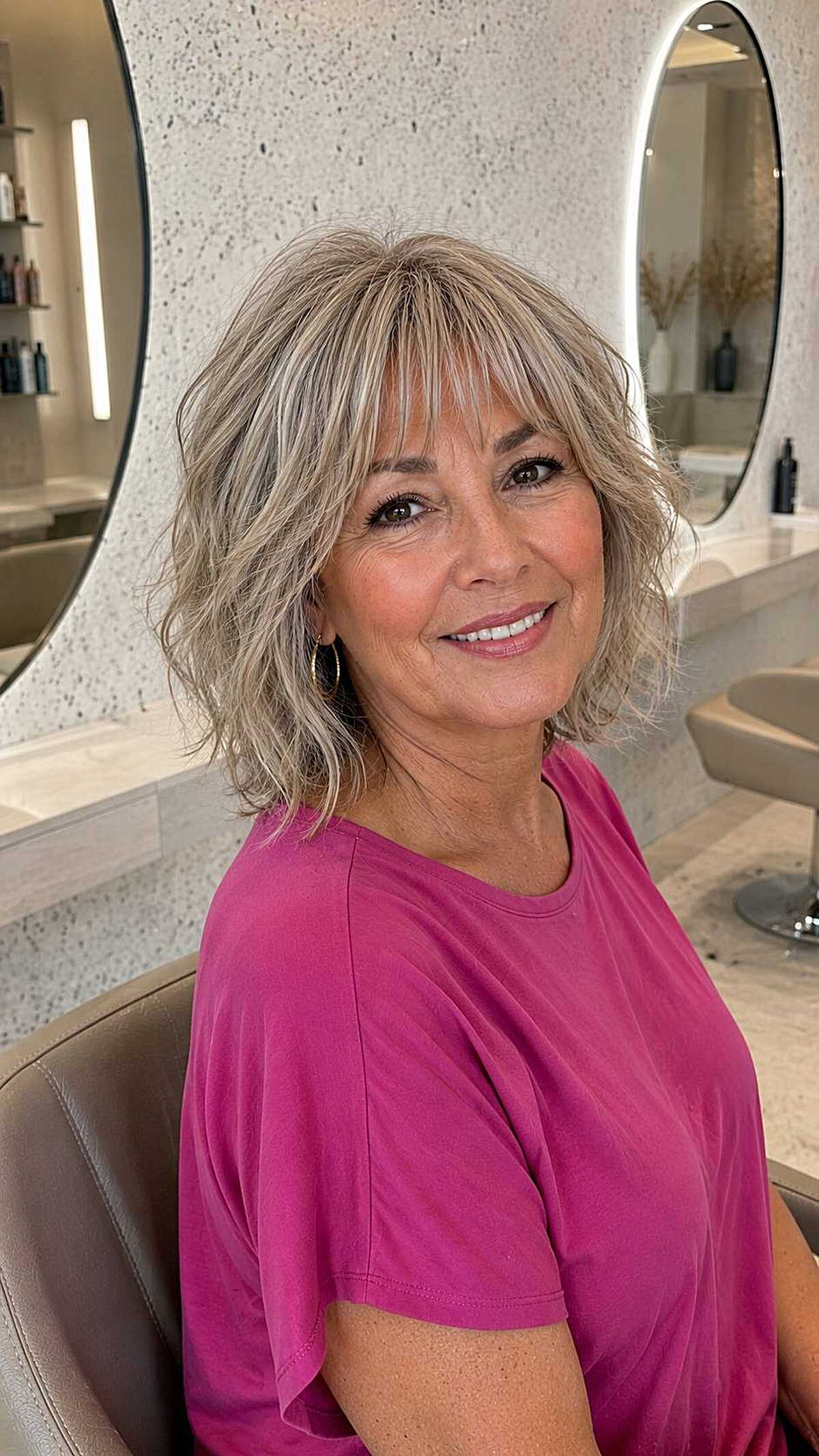 Chin-length shaggy bob in ash blonde with wispy bangs