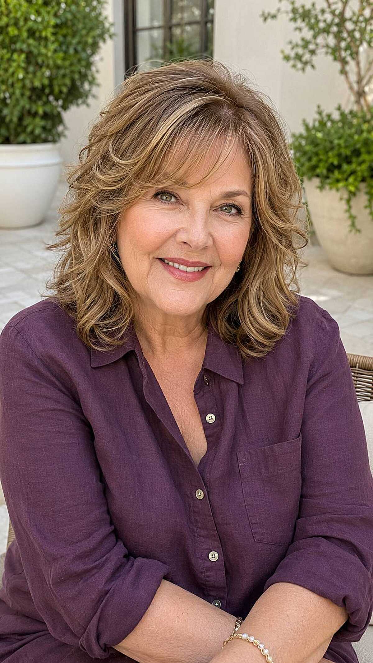 Wavy shoulder-length layers in warm brown with highlights