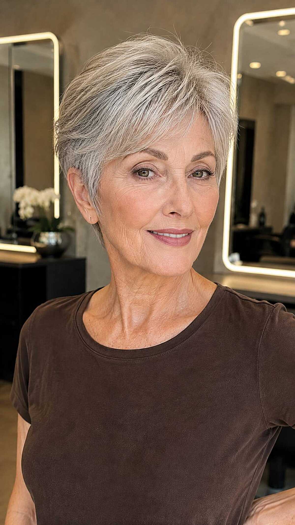 Close-cropped silver pixie with textured top layers