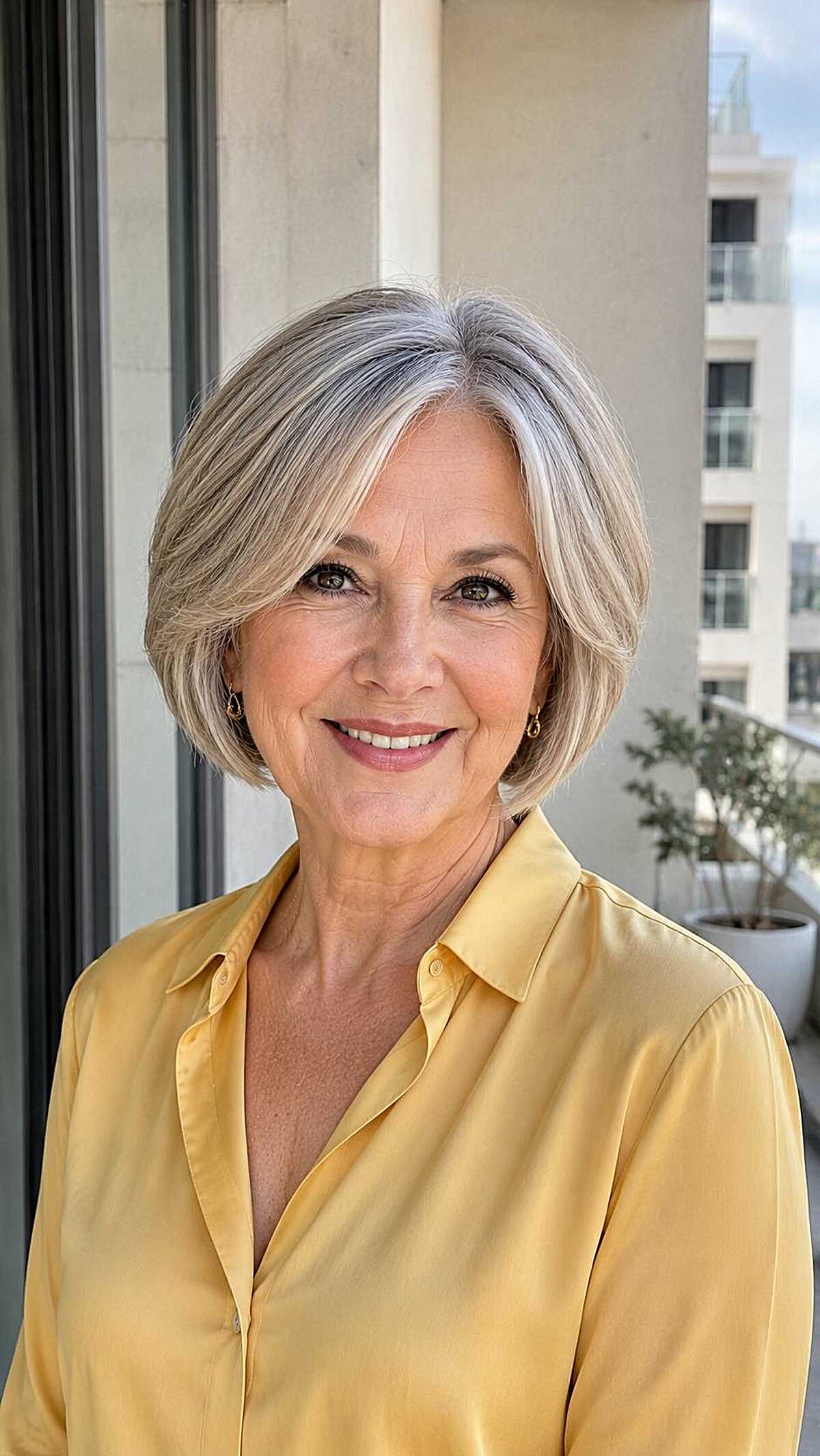 Chin-length silver bob with side-swept layers