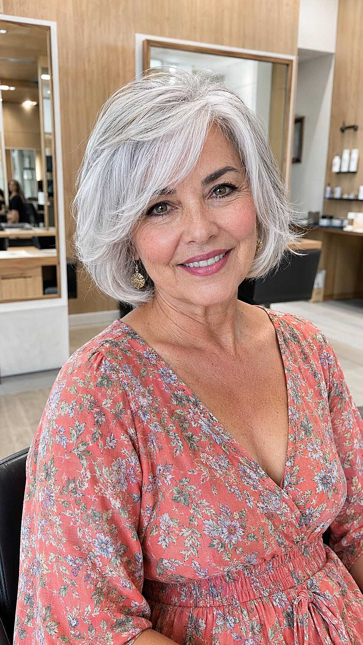 Voluminous silvery white chin-length bob with side part