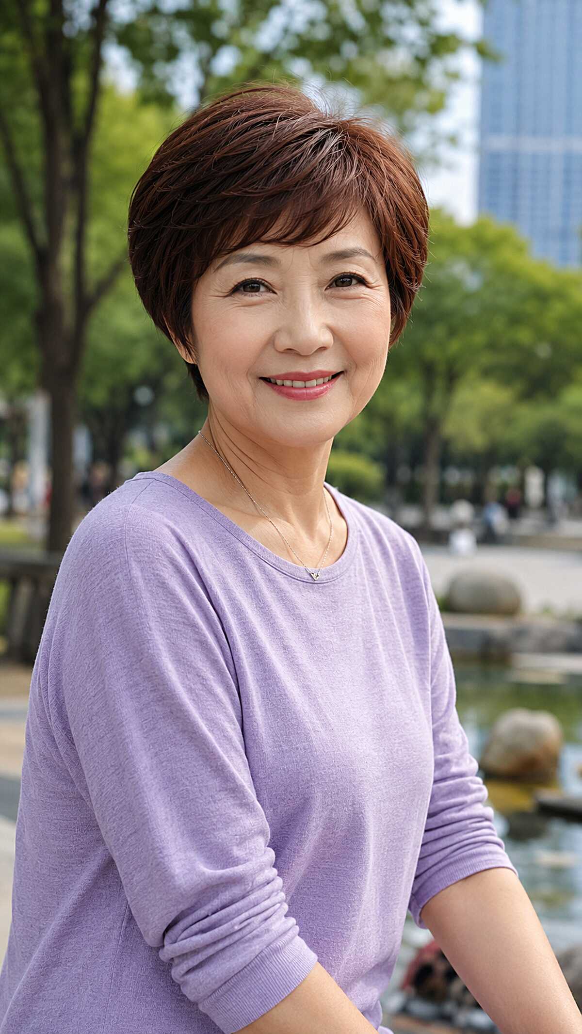 Sleek reddish-brown pixie cut styled forward