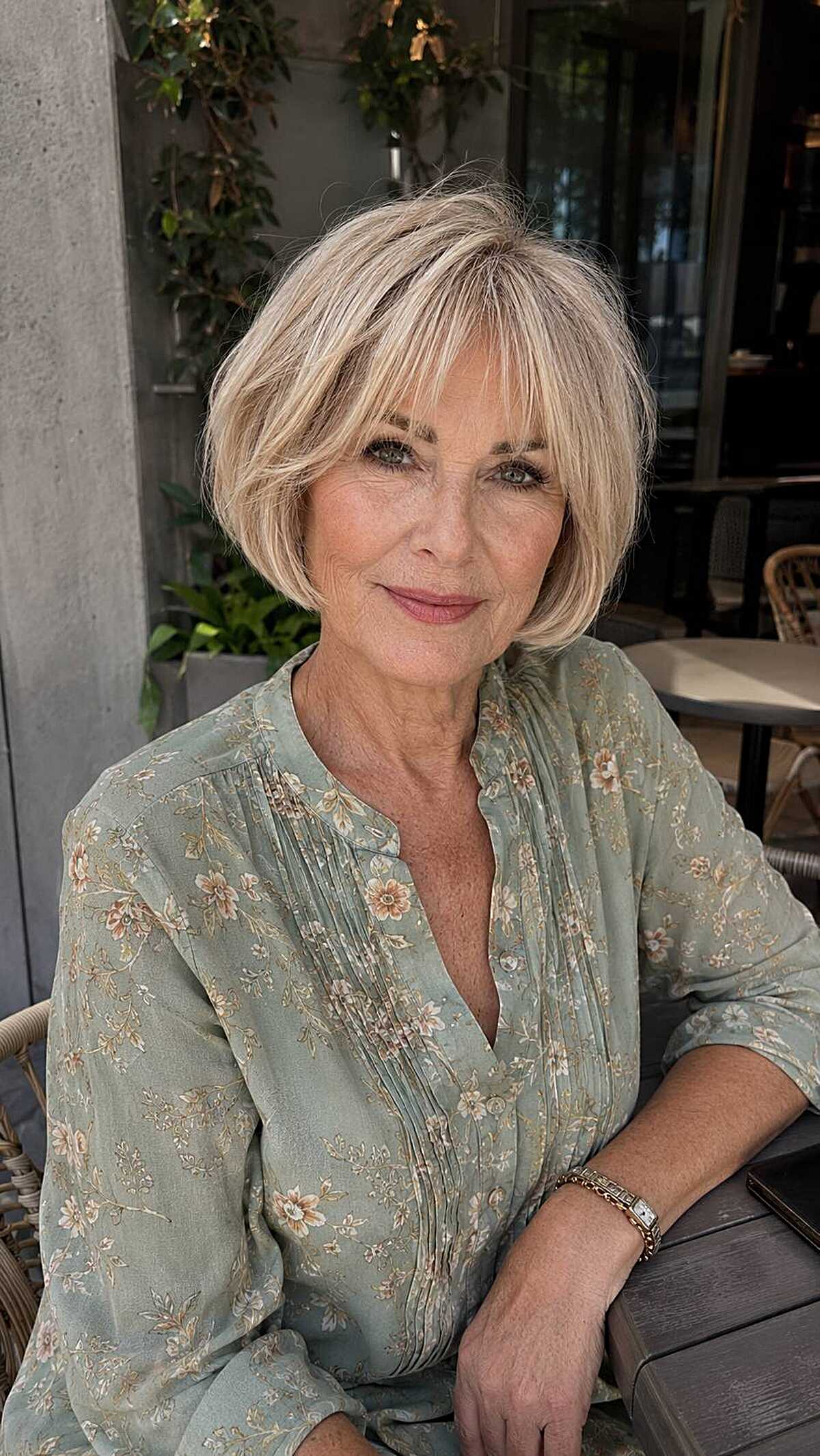 Rounded soft blonde bob with side-swept bangs