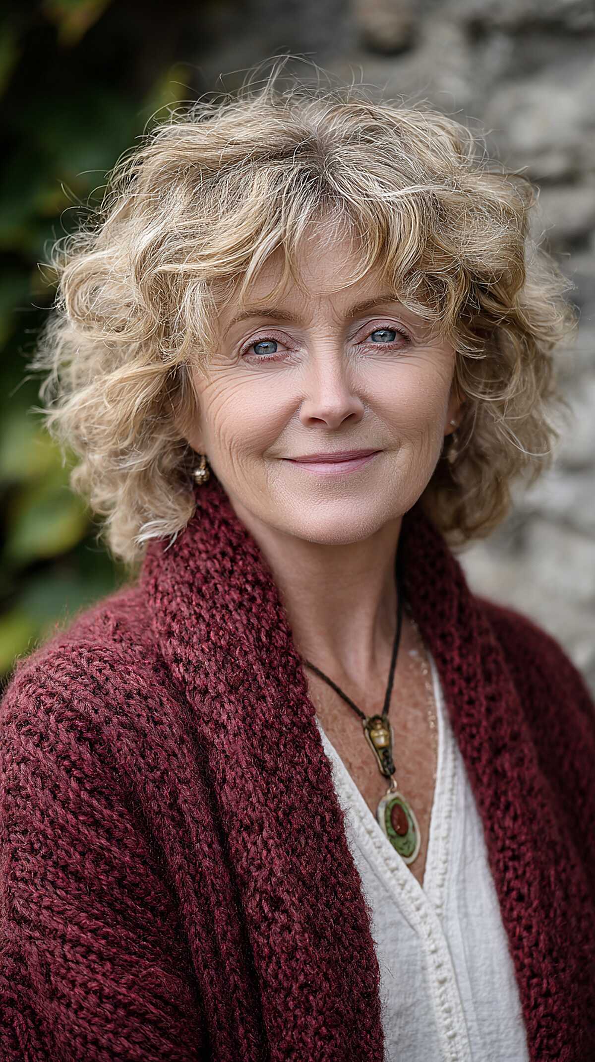 Short blonde curly shag with soft natural texture