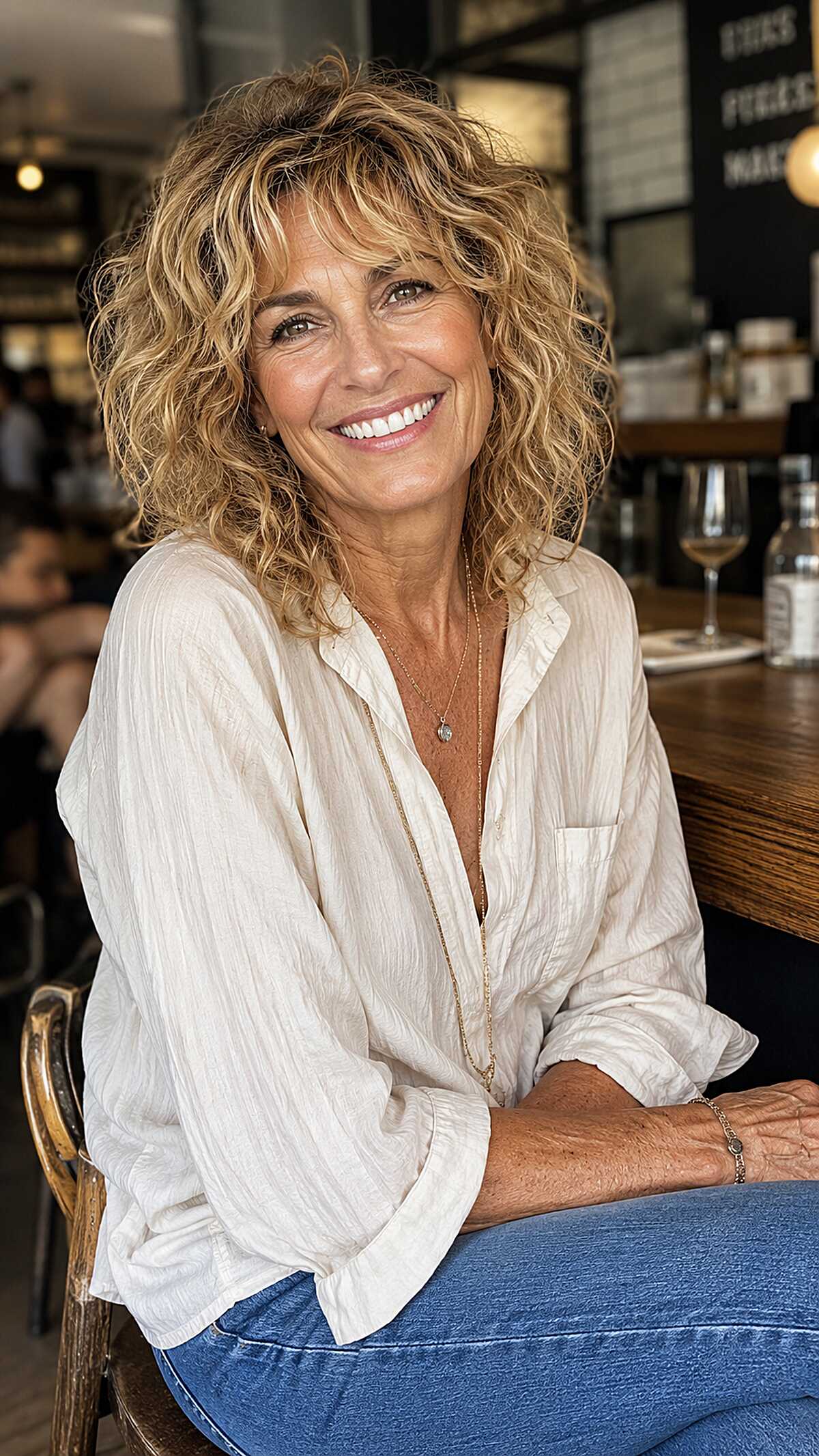 Warm blonde wavy shag with curtain bangs at chin