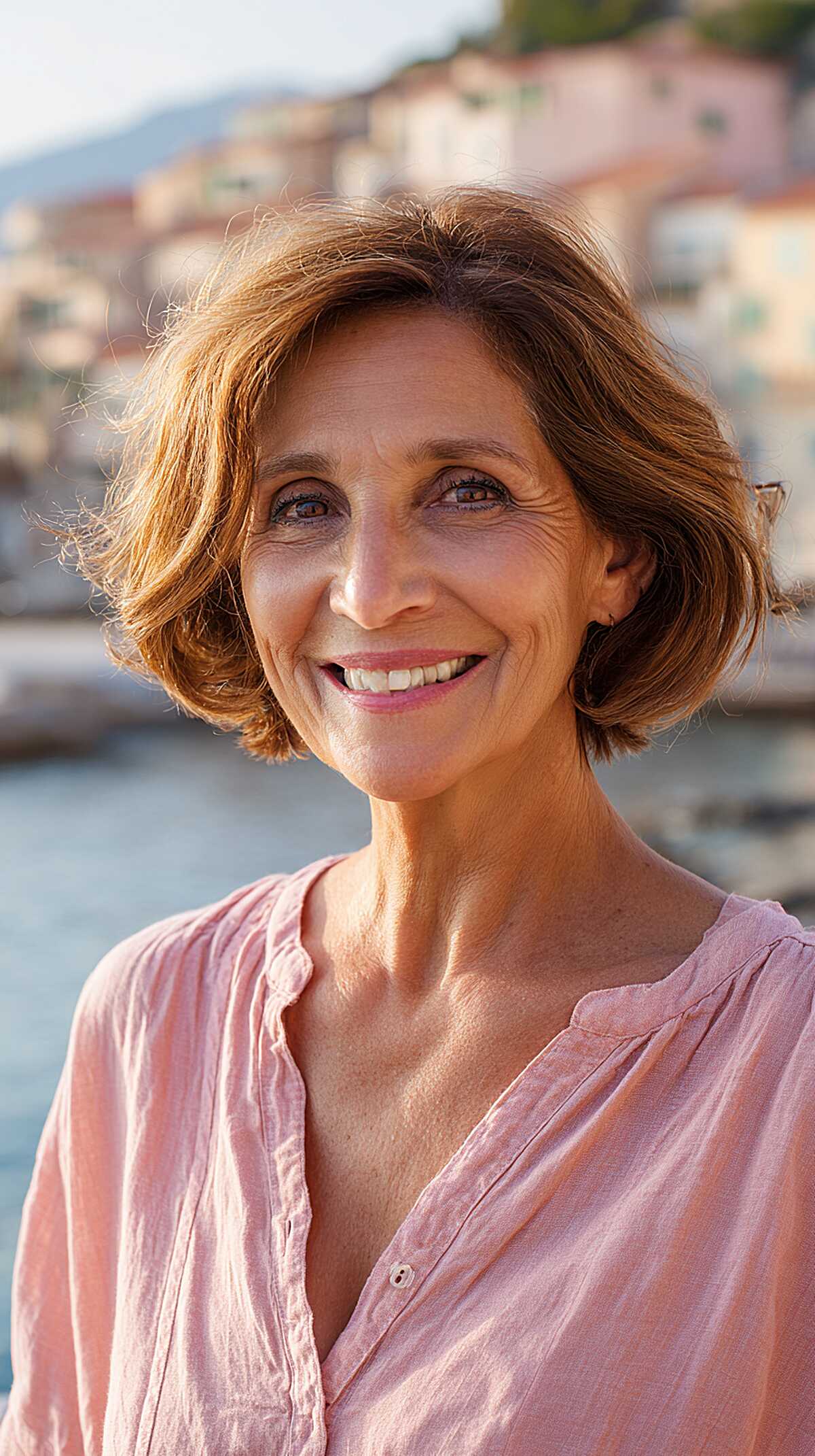 Sun-warmed chestnut bob with lived-in wave