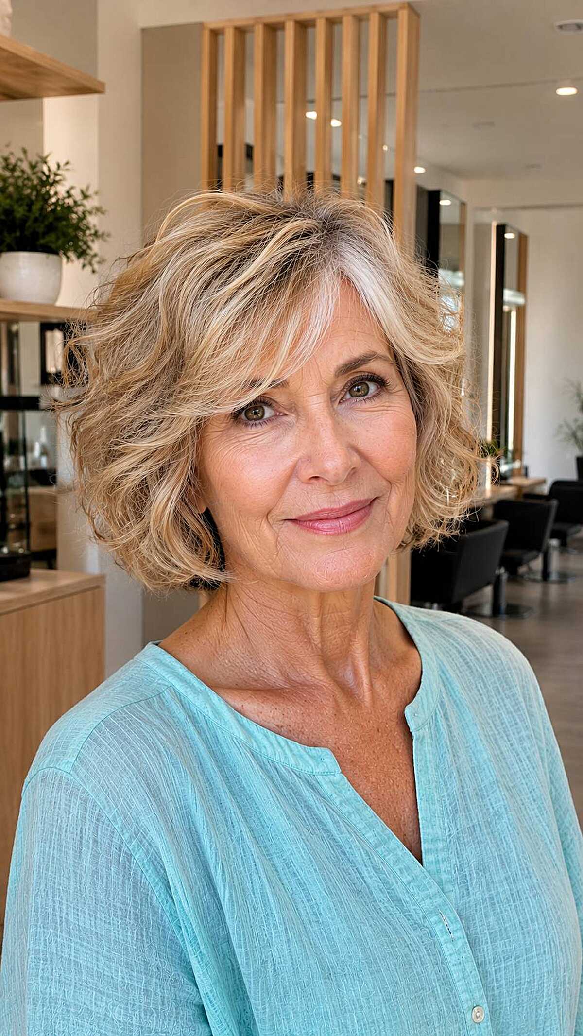 Wavy chin-length bob in warm blonde with tousled waves