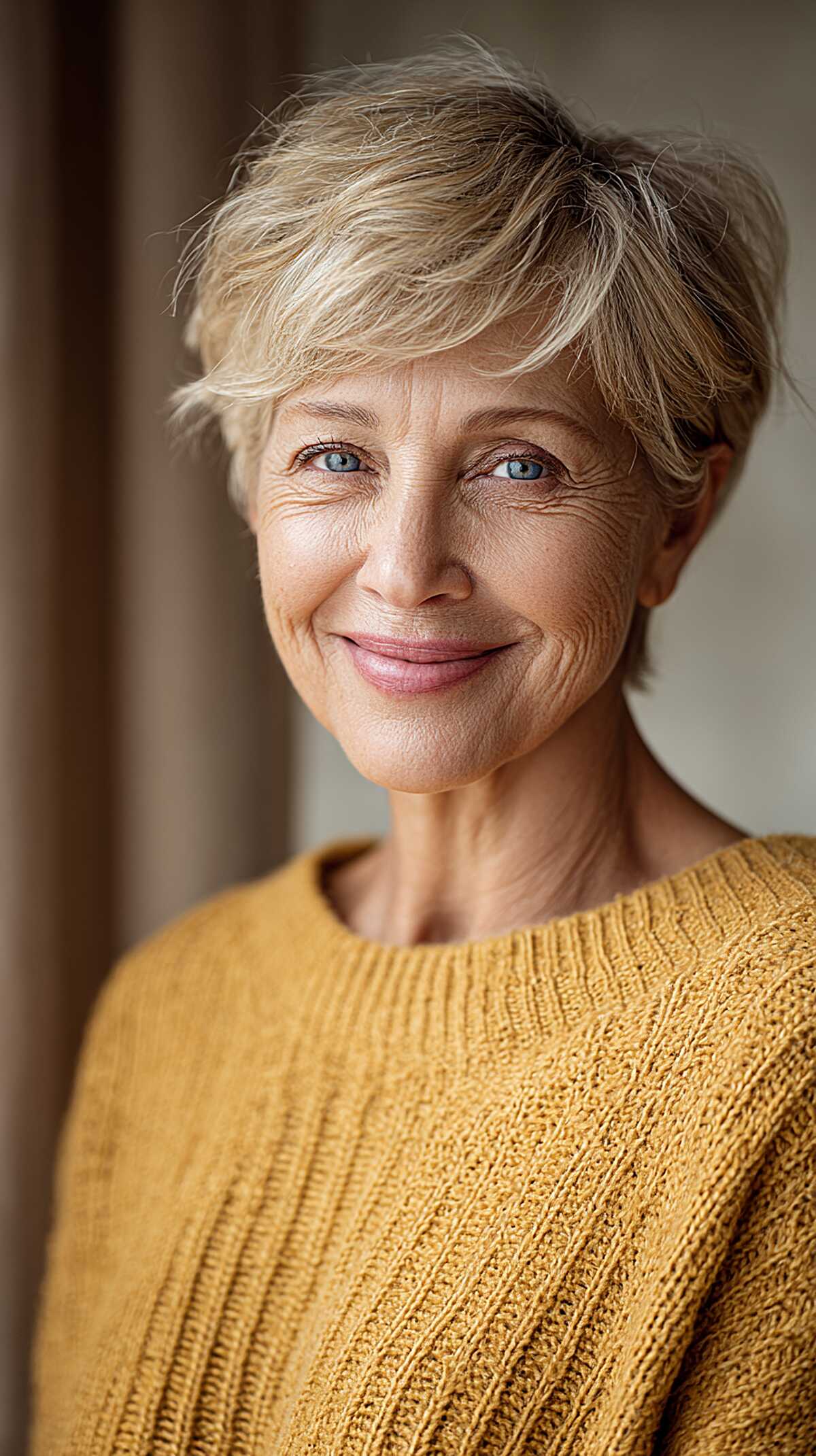 Undone platinum blonde pixie with textured top layers