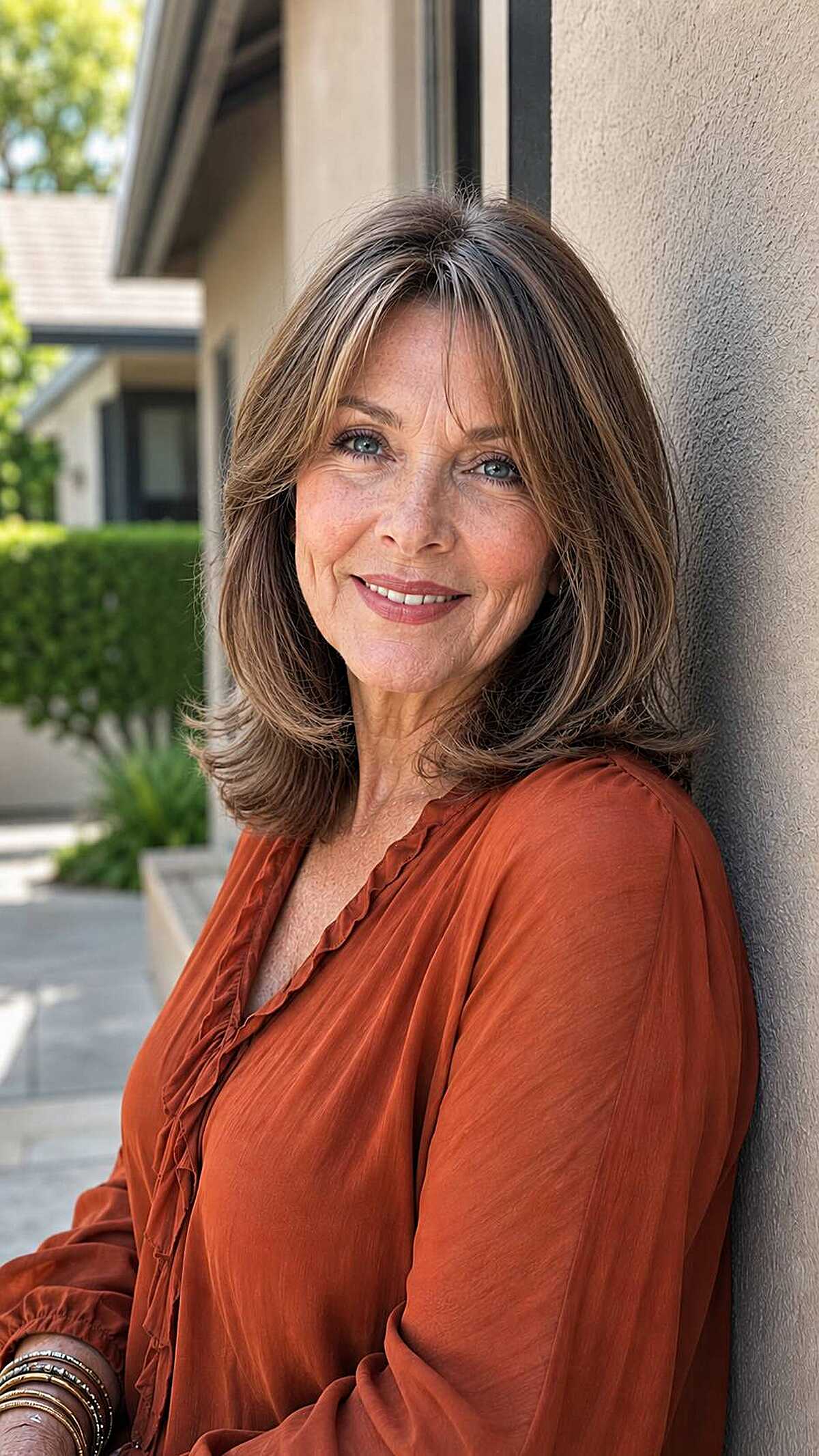 Shoulder-length brunette layers with soft curtain bangs