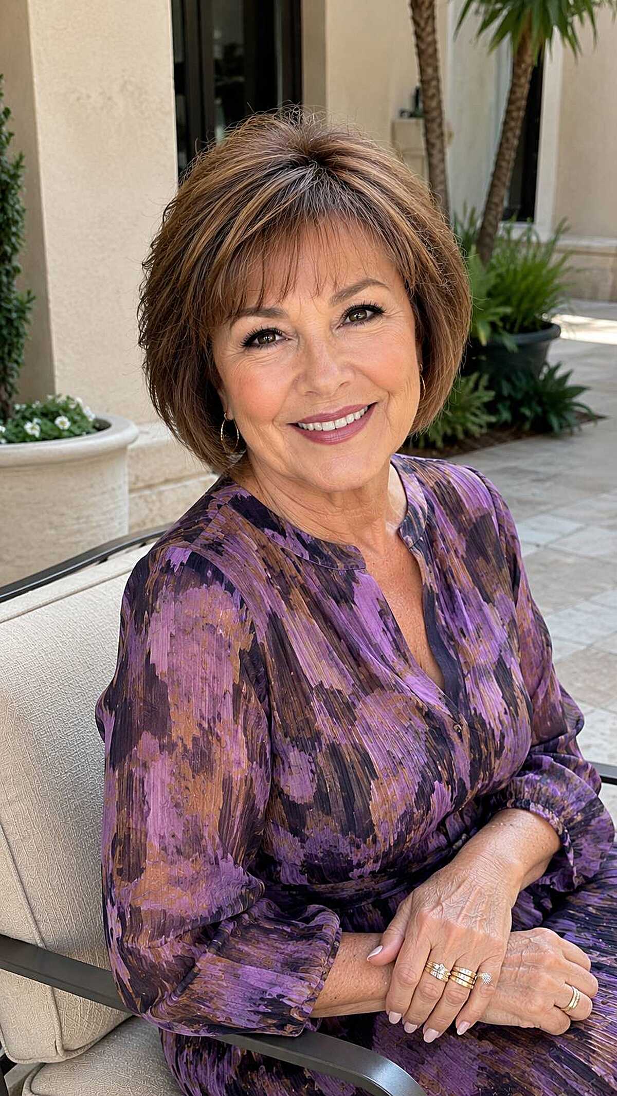 Short layered bob in warm chestnut brown with bangs