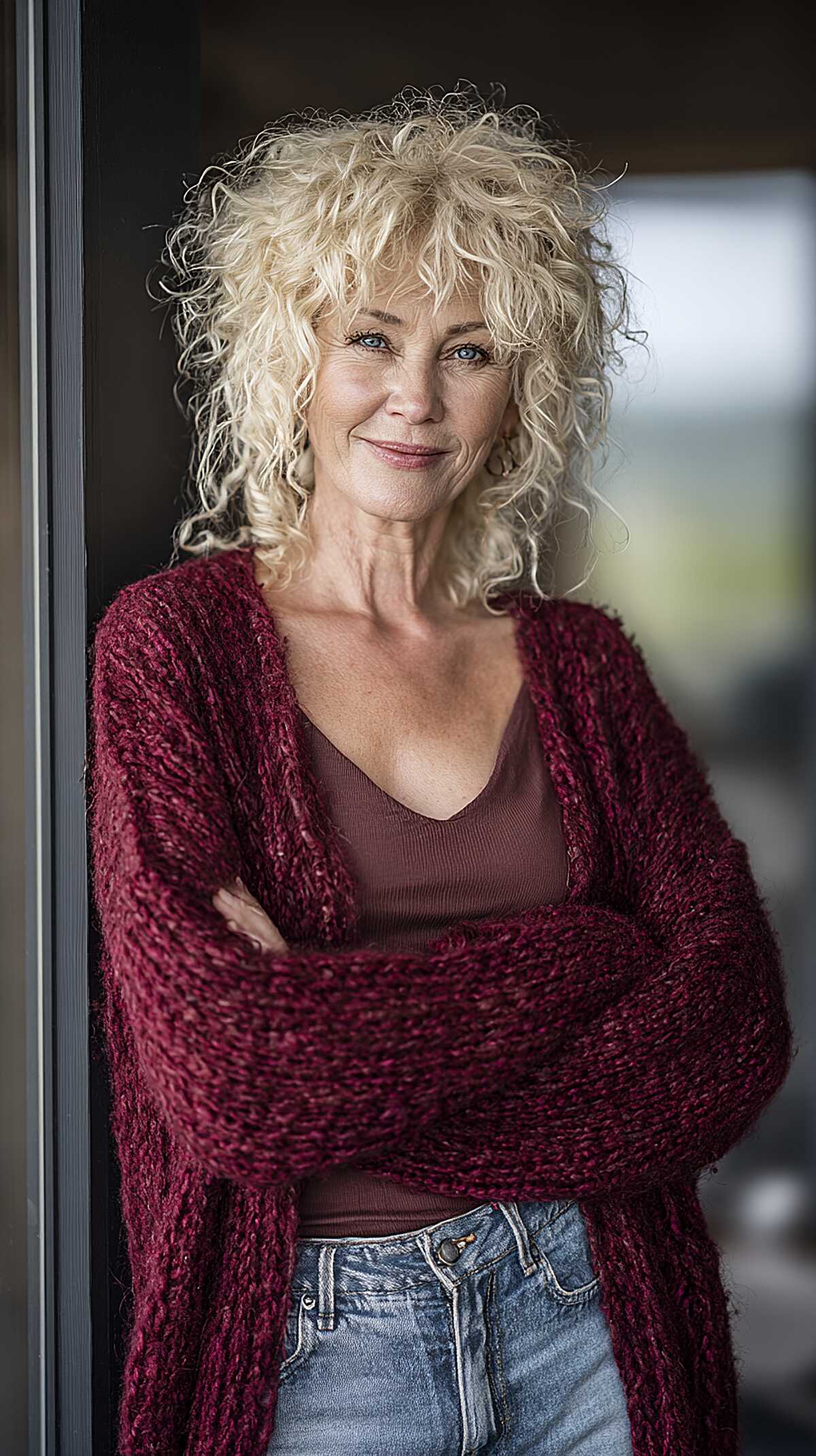 Platinum blonde curly shag with wild untamed volume