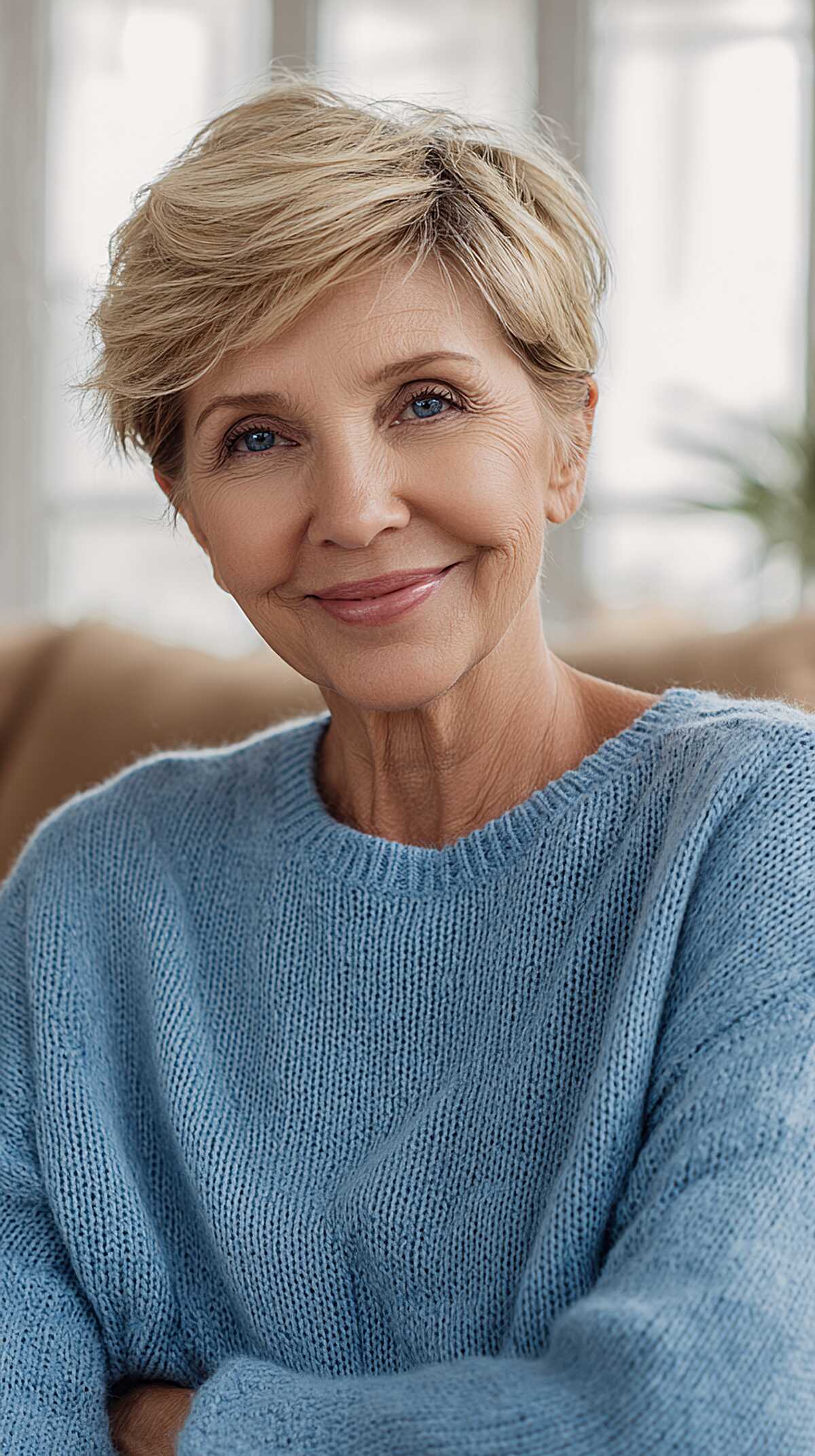 Soft wispy blonde pixie cut with side-swept fringe