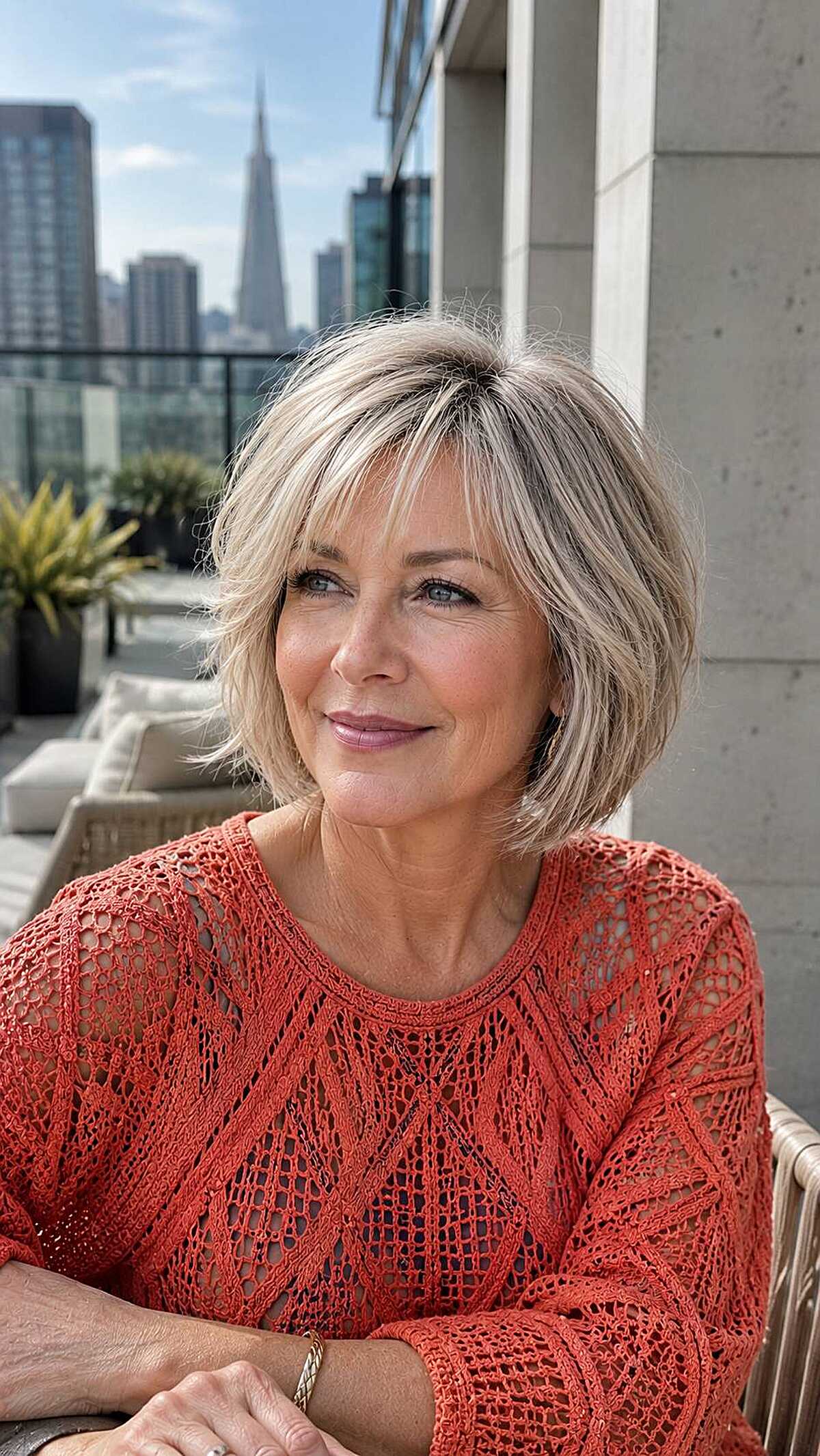 Ash blonde chin-length bob with breezy side-swept bangs