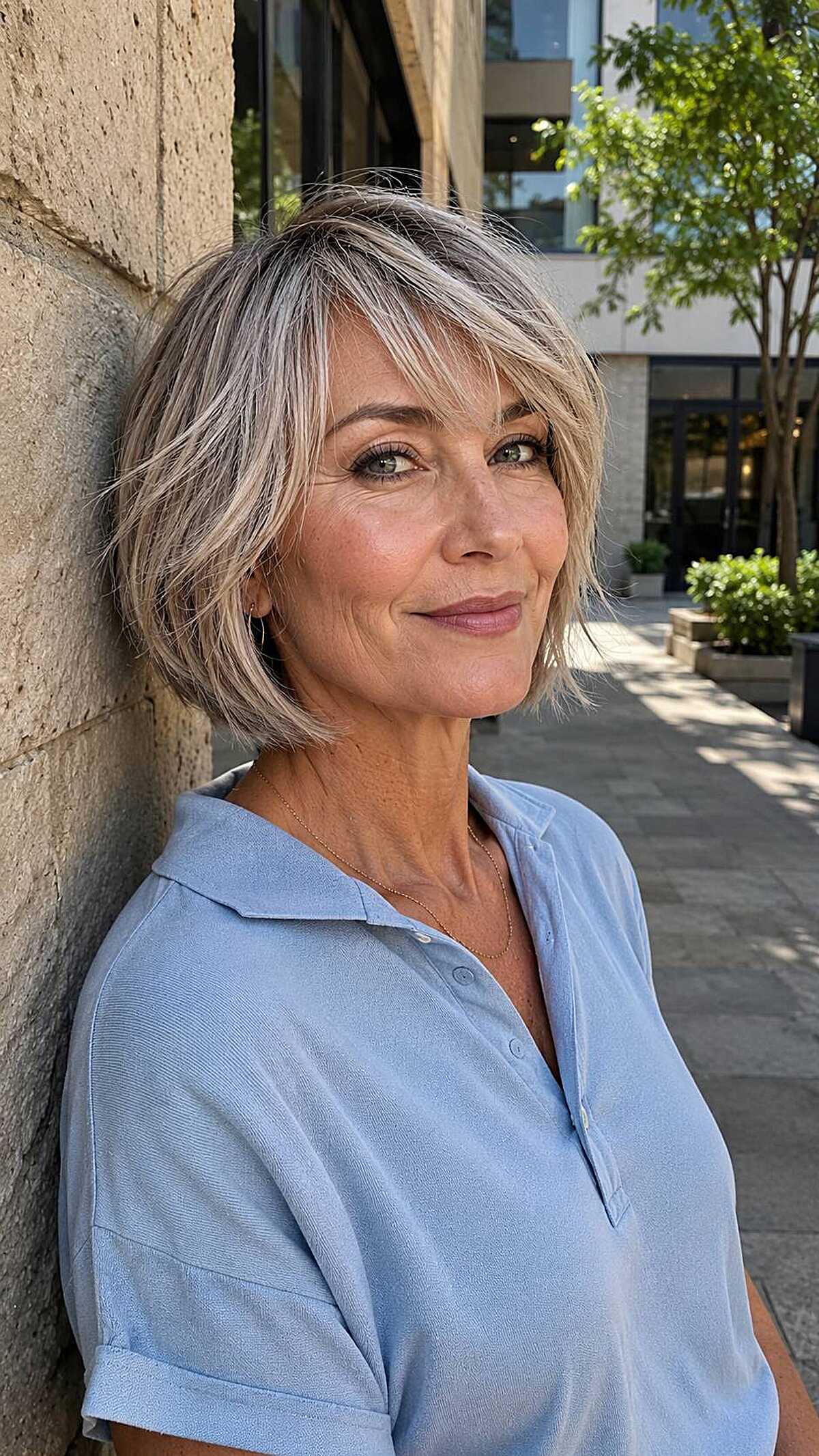 Ash blonde choppy chin-length bob with wispy texture
