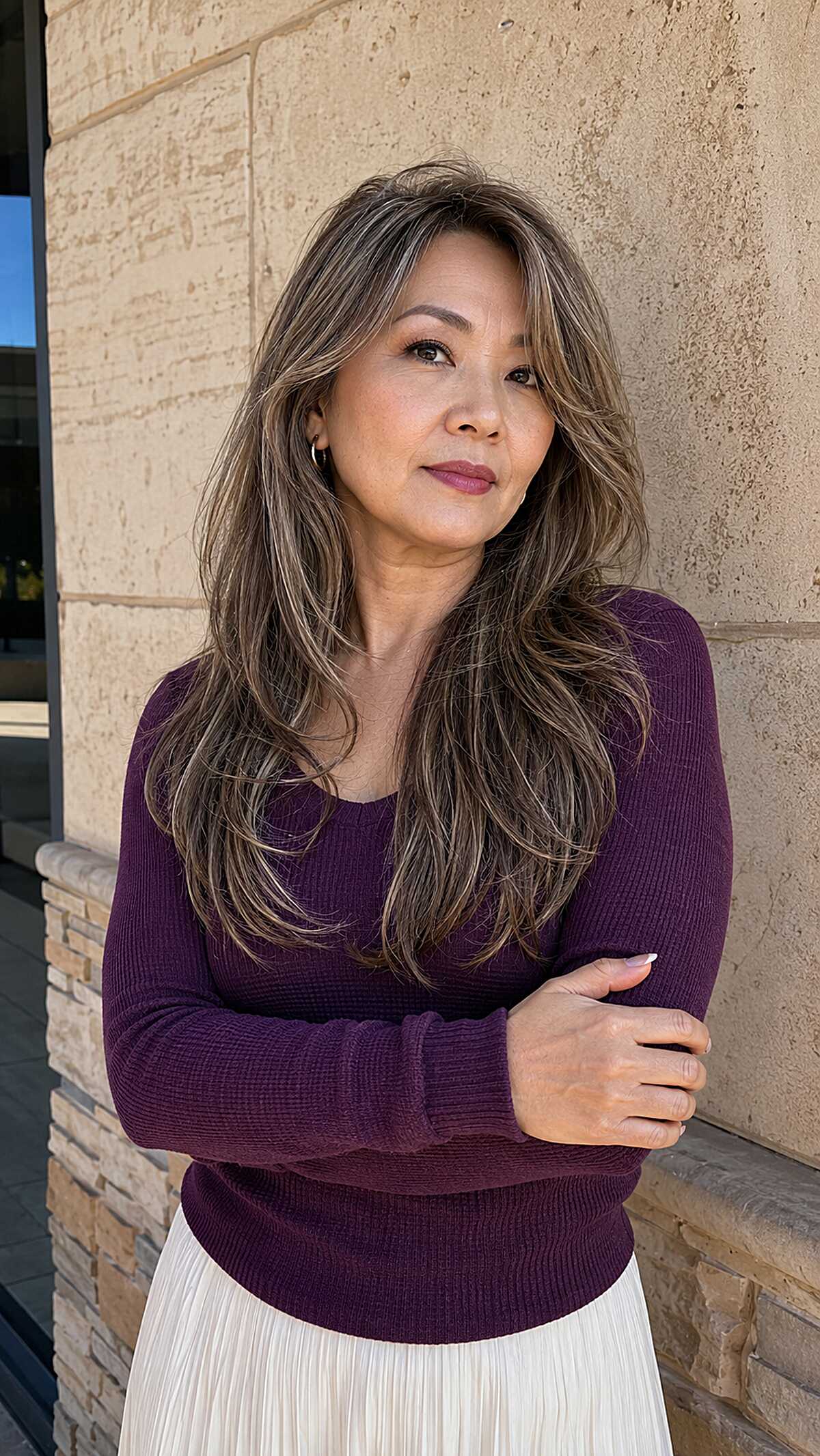 Ash-toned highlights on long layered brunette hair
