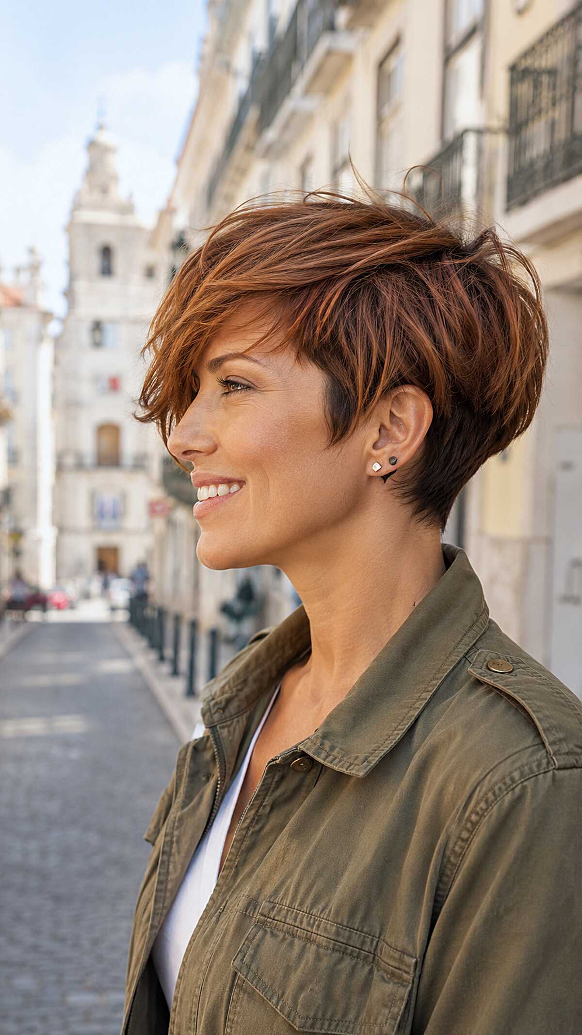 Auburn copper angled pixie with choppy textured layers