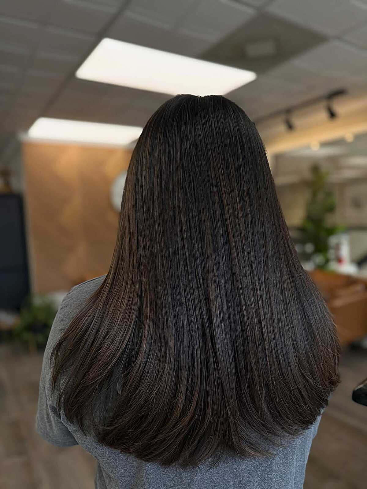 Pin-straight dark hair with very subtle babylights