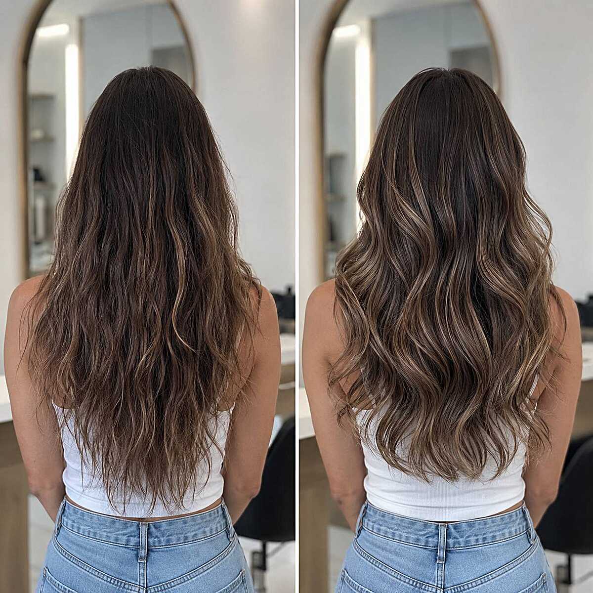 Before and after ashy babylights on long dark brunette hair