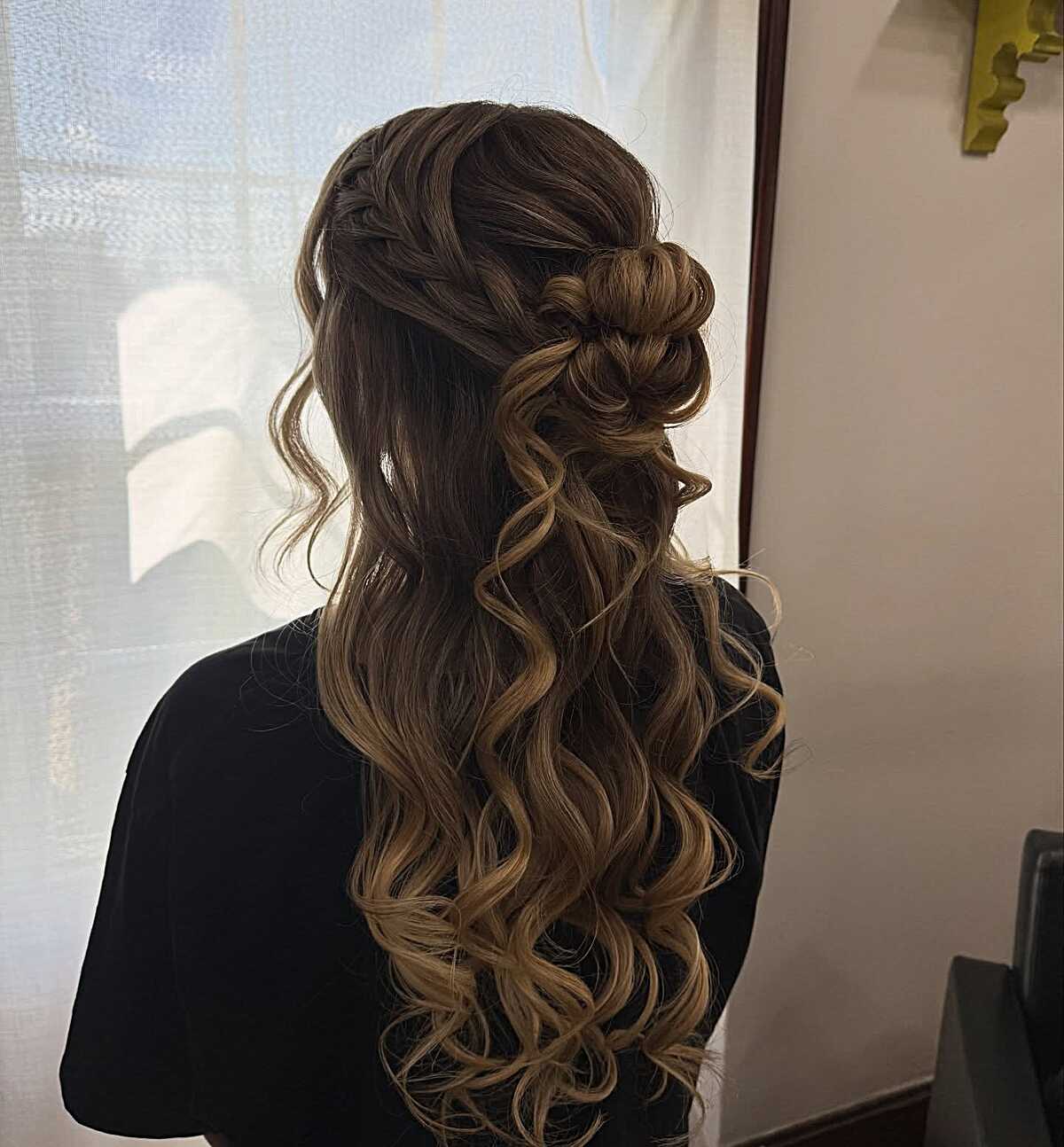 Braided Crown and Mini Bun with Balayage Curls