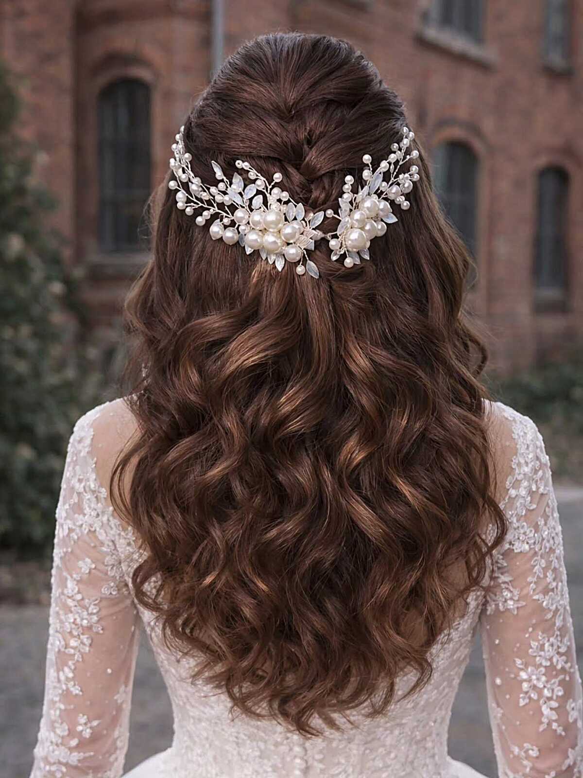 Bridal Half Up Waves with Pearl Vine Headpiece