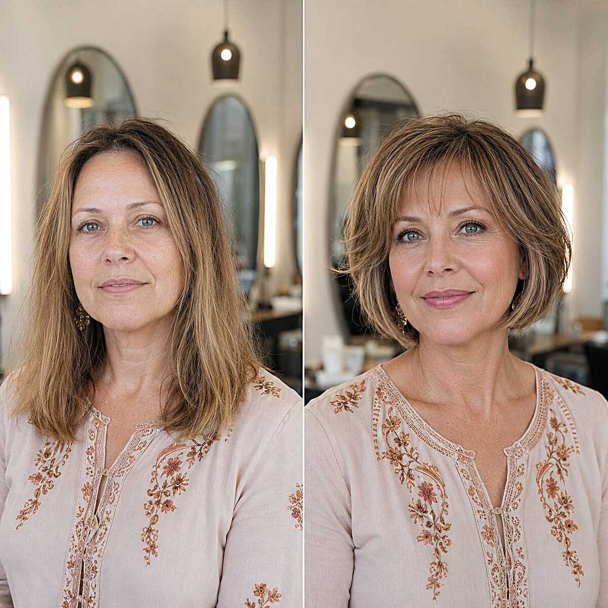 Before and after chin-length bob transformation on woman