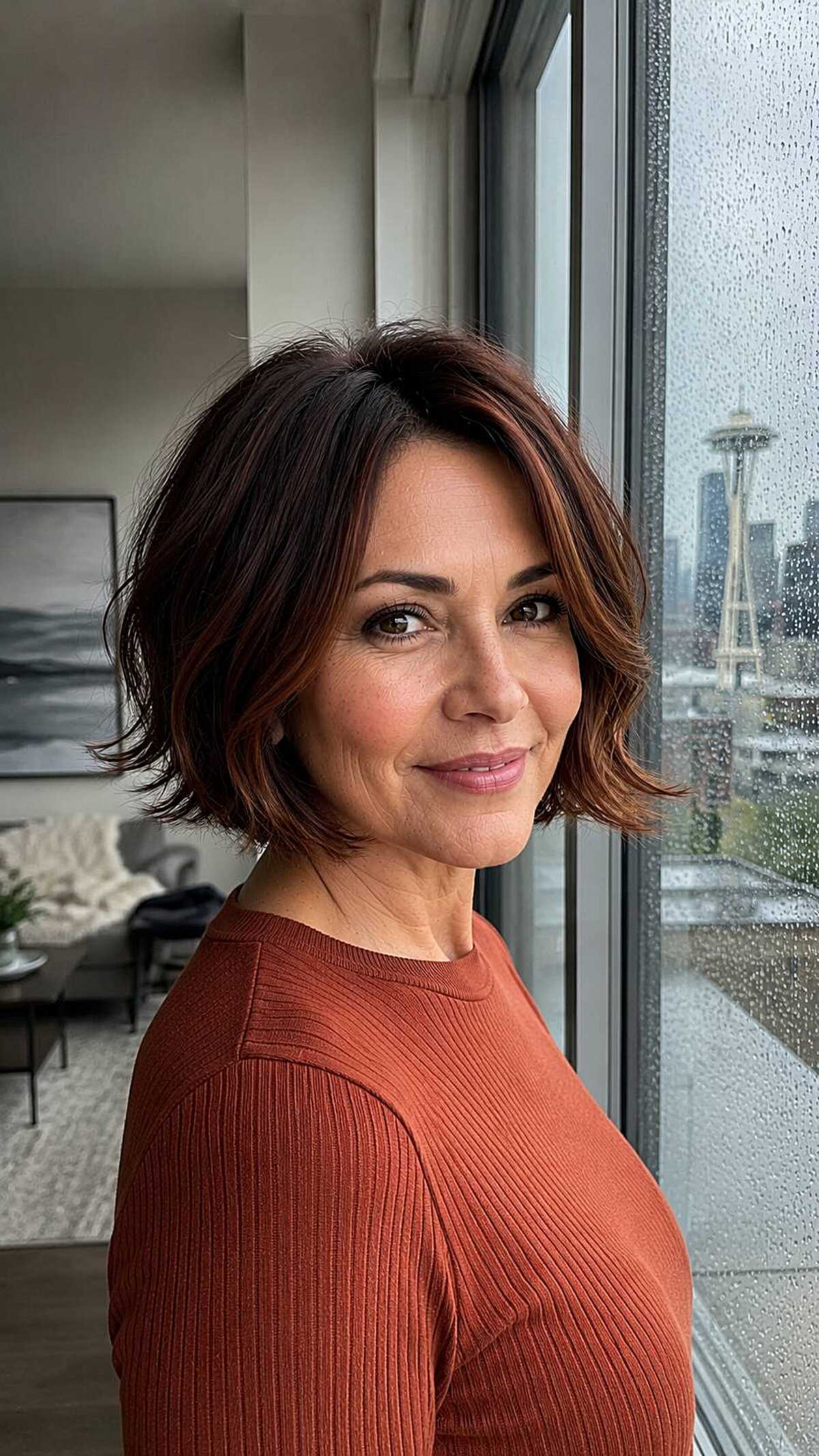 Chocolate auburn textured chin-length bob with flicks