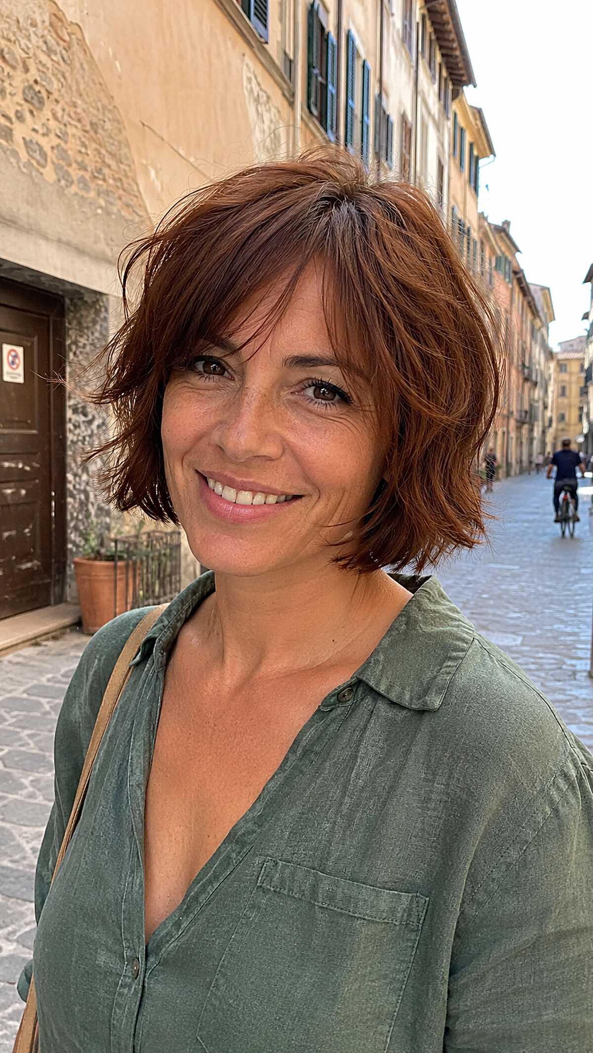 Copper Tousled Jaw-Length Bob with Shaggy Bangs