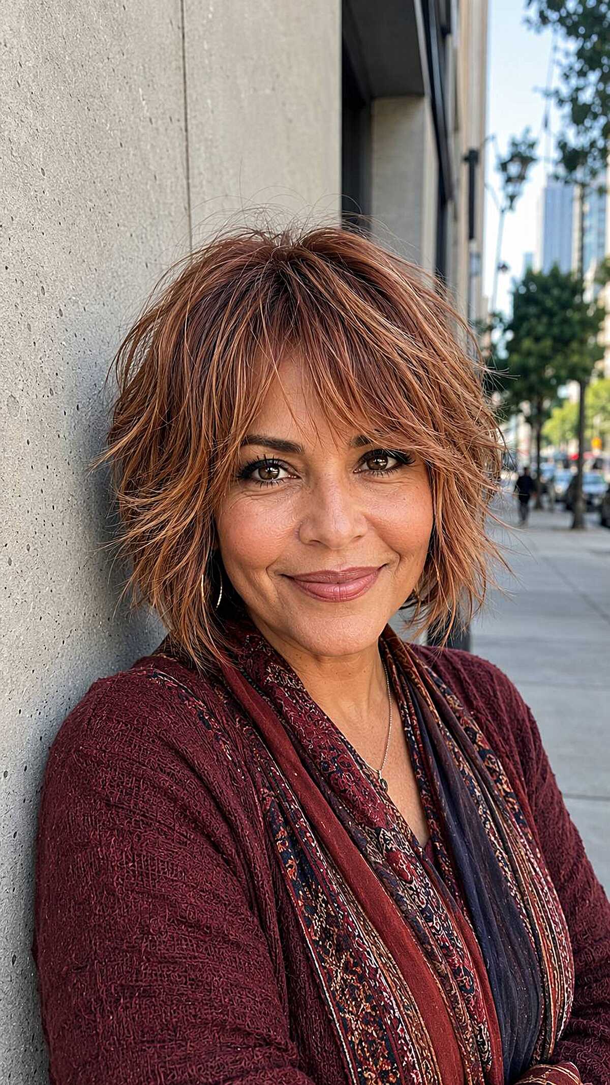 Copper toned chin-length shag bob with razored ends